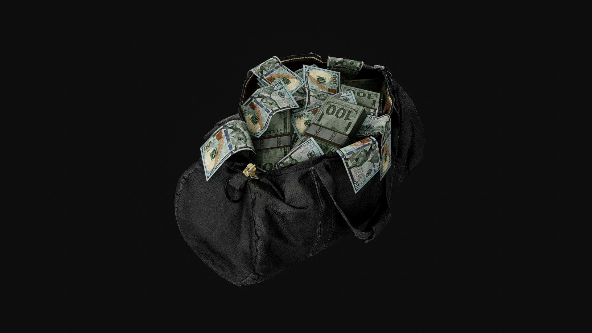 black drawstring bag, crumpled one hundred dollar bills, stark black background, Full HD Desktop Wallpaper