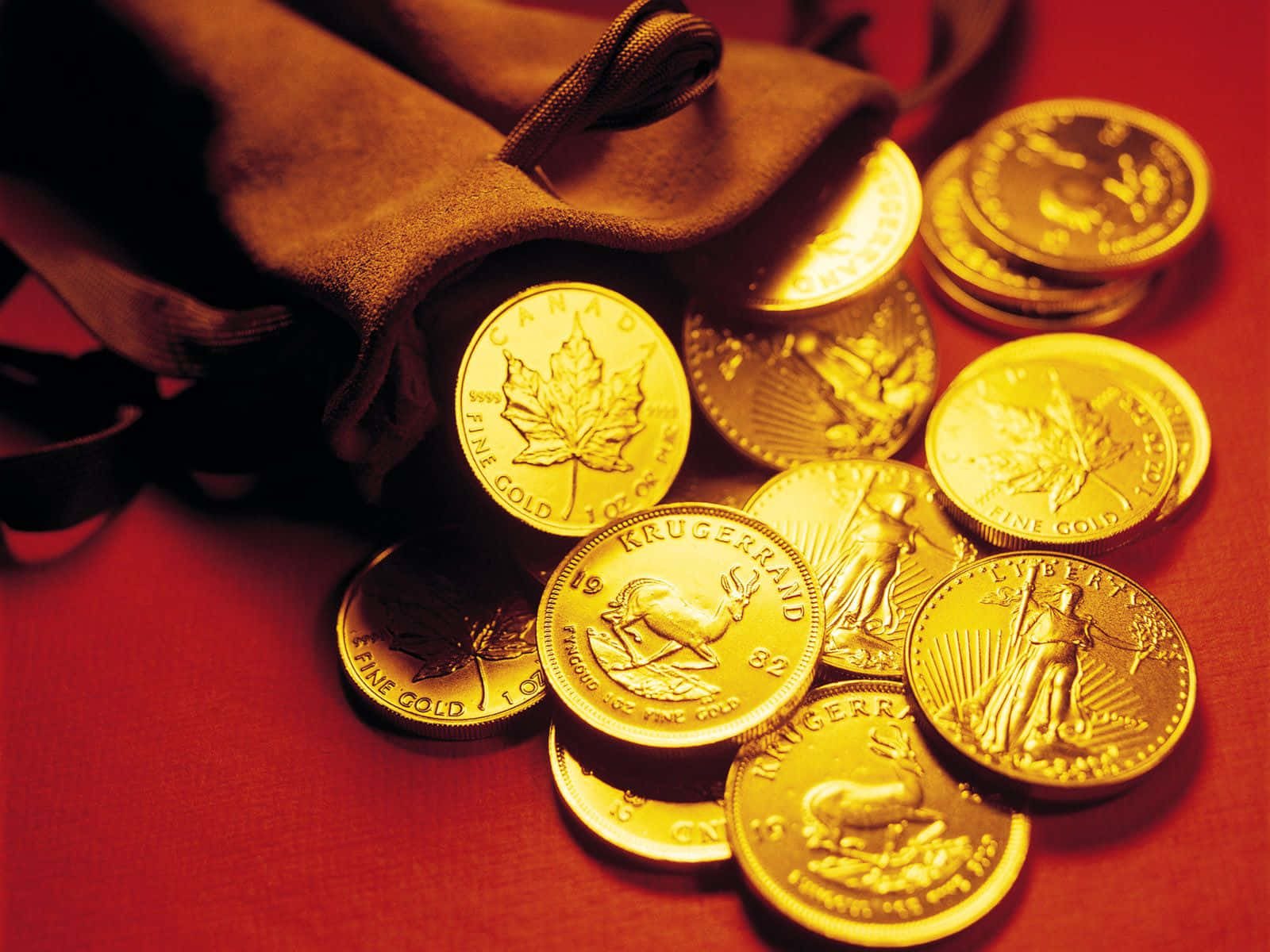money bag, gold coins, brown velvet pouch, HD Desktop Wallpaper