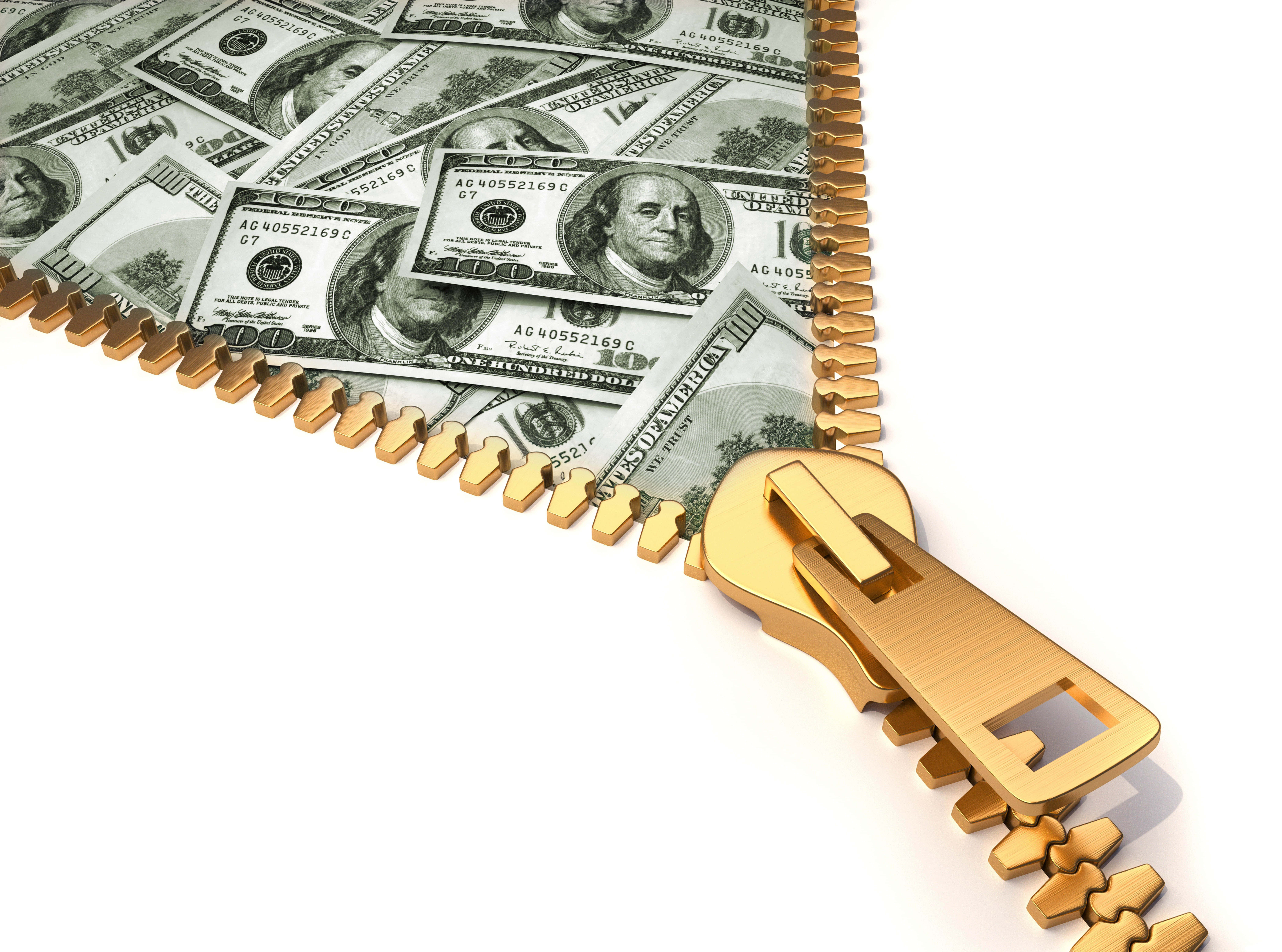 Money Bag, golden zipper, one hundred dollar bills, 8K Desktop Wallpaper