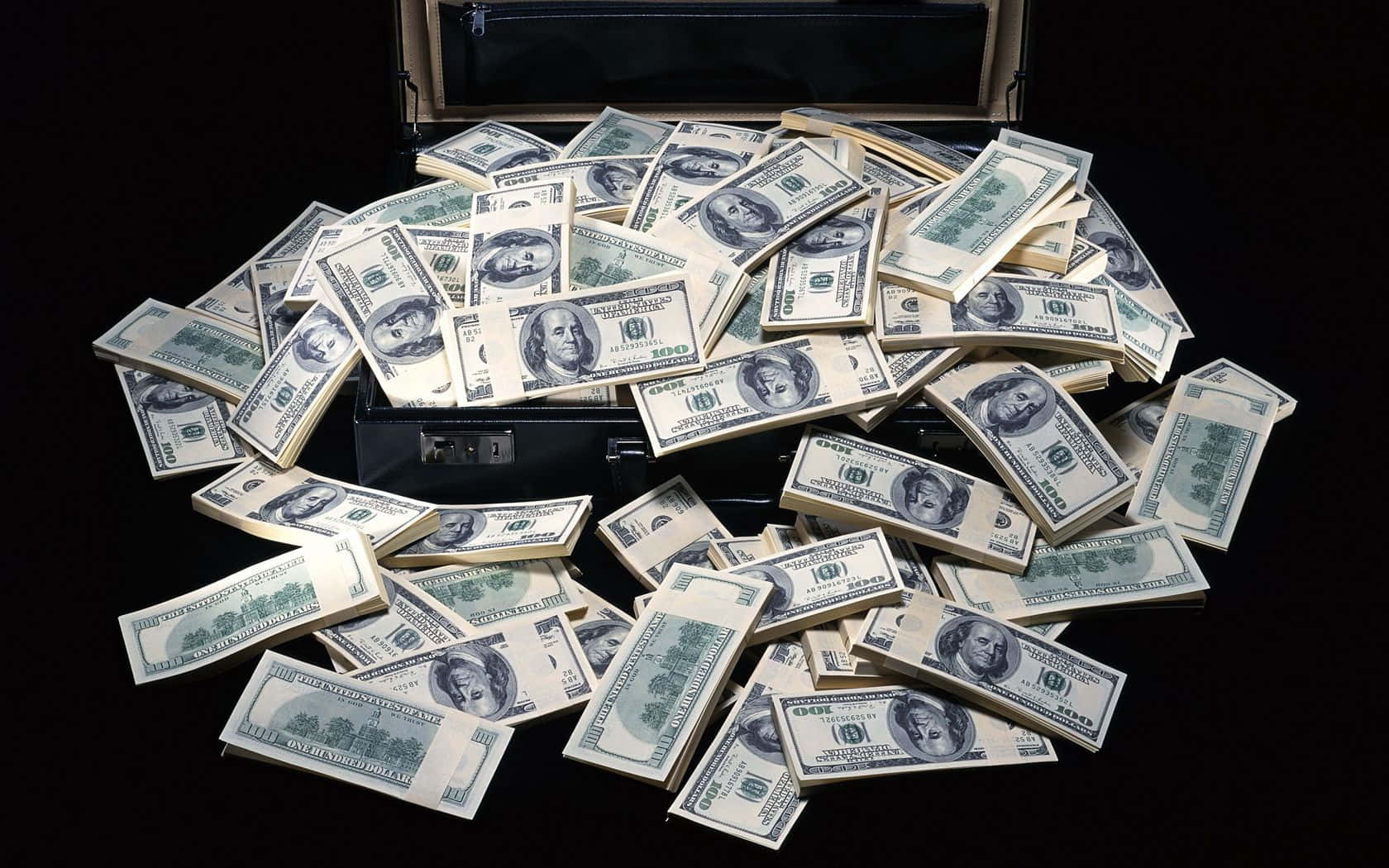 Money Bag, black suitcase, one hundred dollar bills, HD Desktop Wallpaper