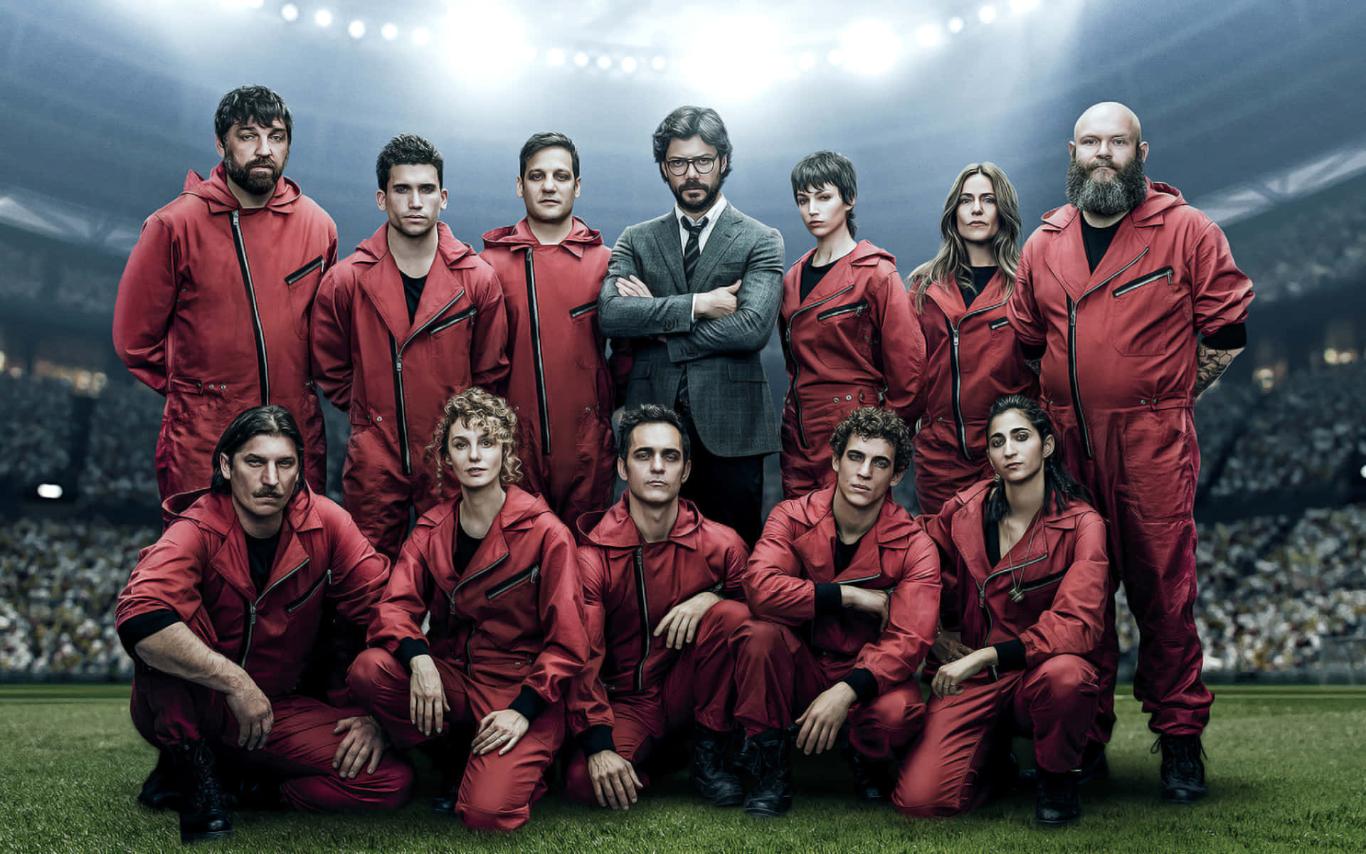 Money Heist, red jumpsuits, stadium, Full HD Desktop Wallpaper