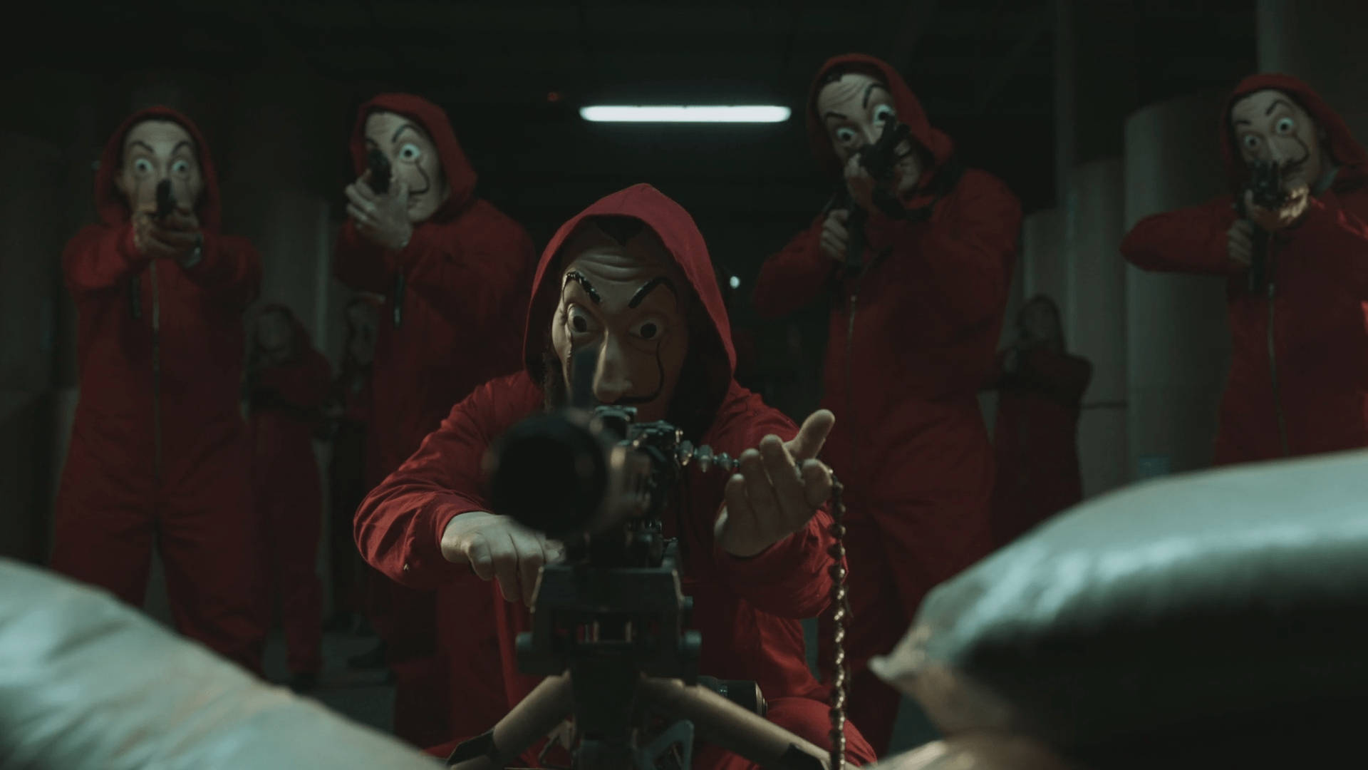 Money Heist Mask, red jumpsuits, weapons, Full HD Desktop Wallpaper