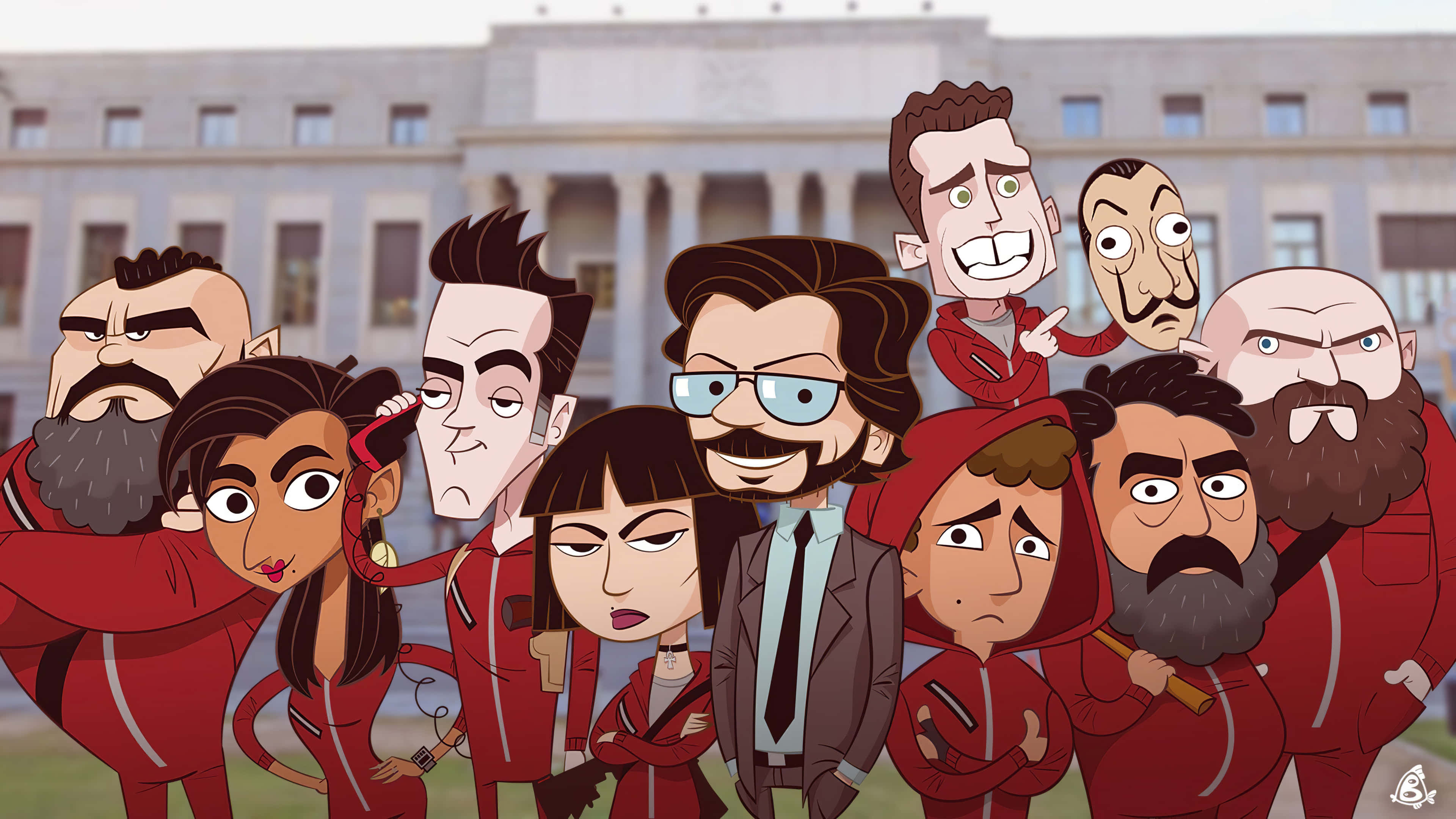 Money Heist, red jumpsuits, classical building, 4K Desktop Wallpaper