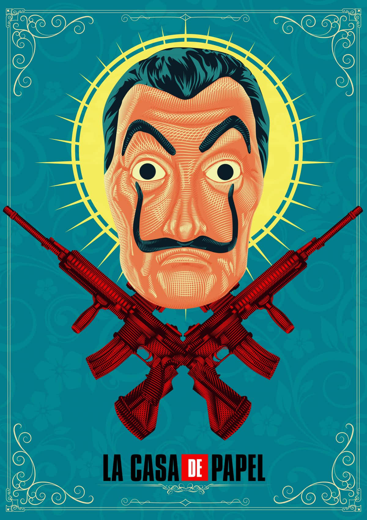 Money Heist Mask, teal background, crossed rifles, HD Phone Wallpaper