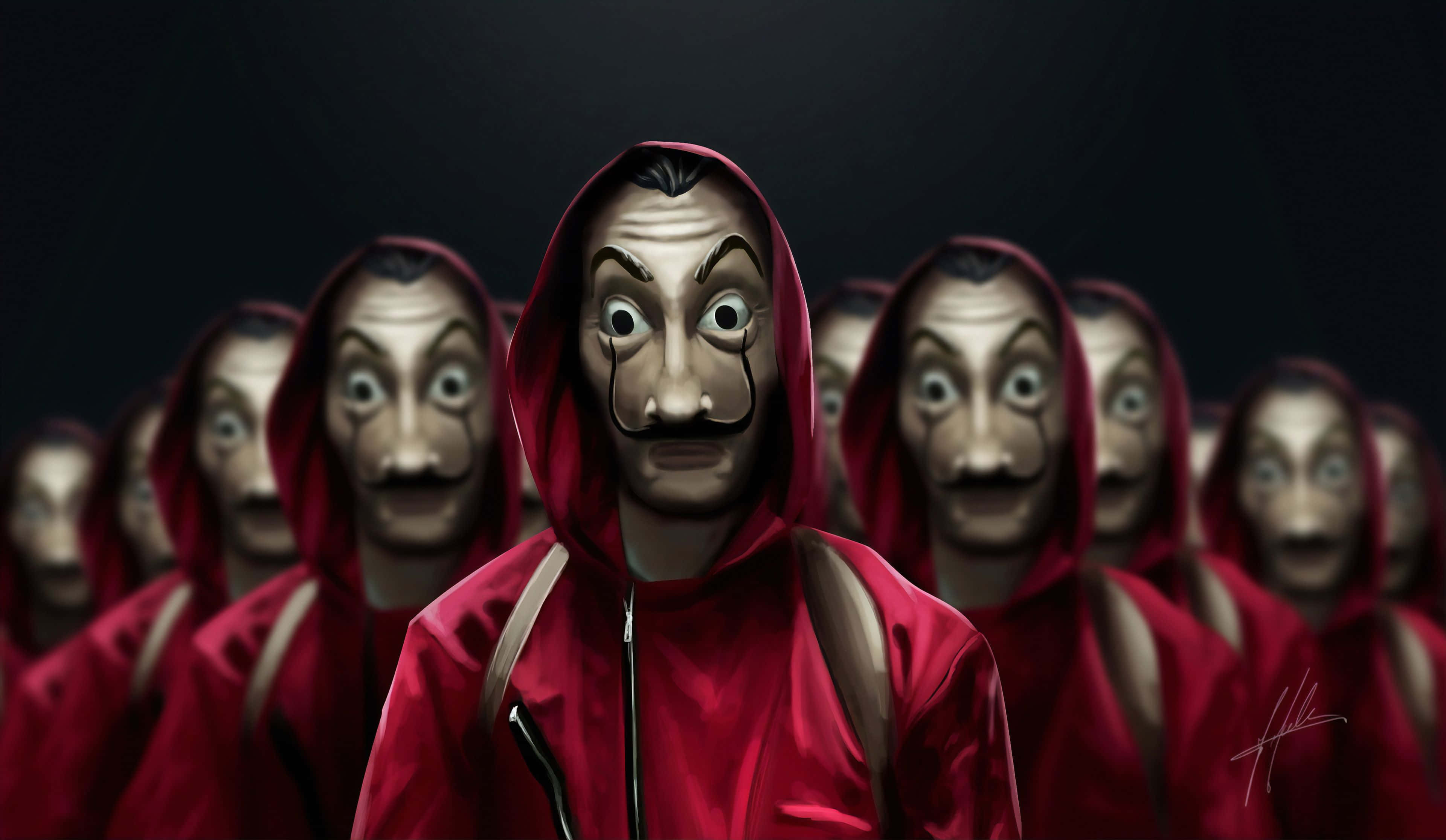 Money Heist, red hoods, painted faces, 4K Desktop Wallpaper