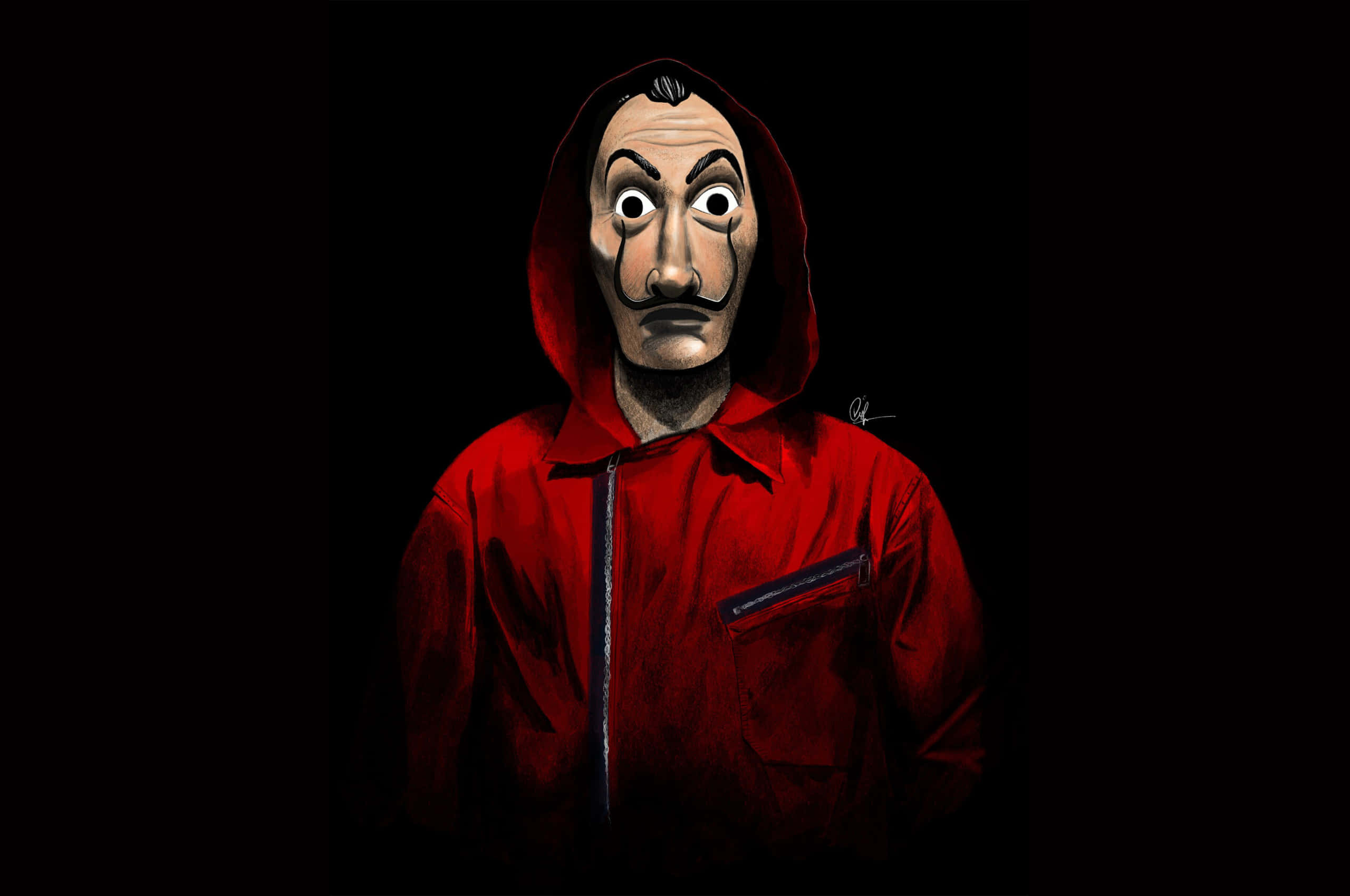 Money Heist Mask, red hooded jacket, painted mask, 2K Desktop Wallpaper