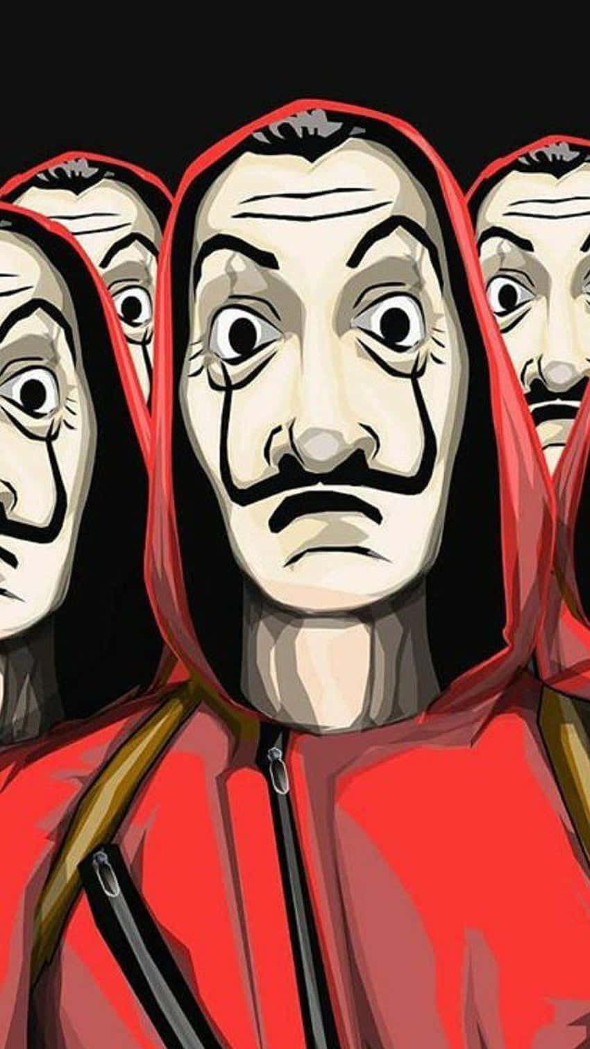 Money Heist Mask, red hoodies, white painted faces, HD Phone Wallpaper