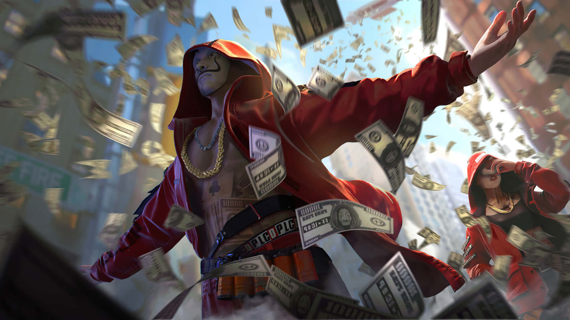 Money Heist, red hoodie, masked figure, Full HD Desktop Wallpaper