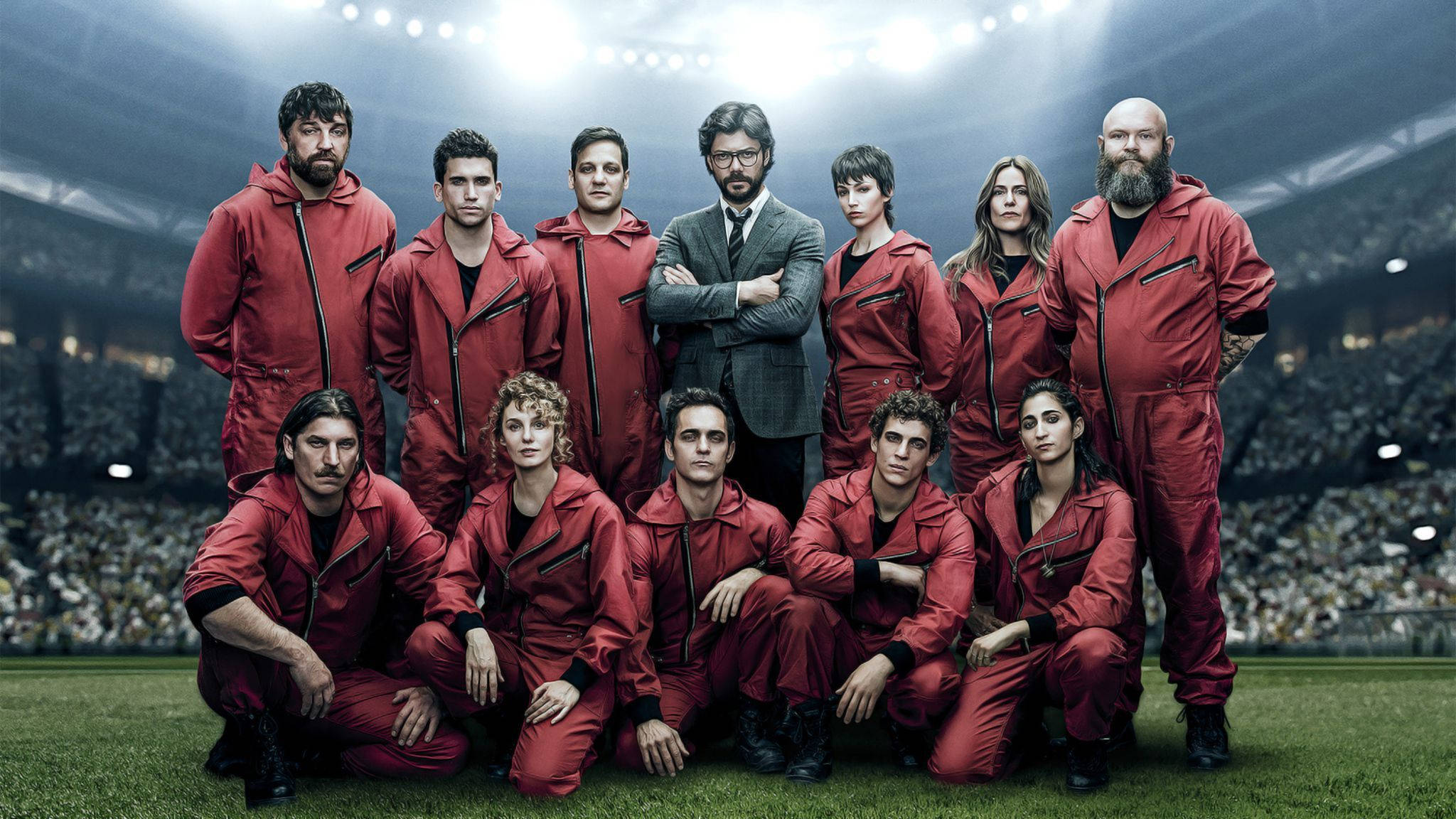 Money Heist, red jumpsuits, stadium field, Full HD Desktop Wallpaper