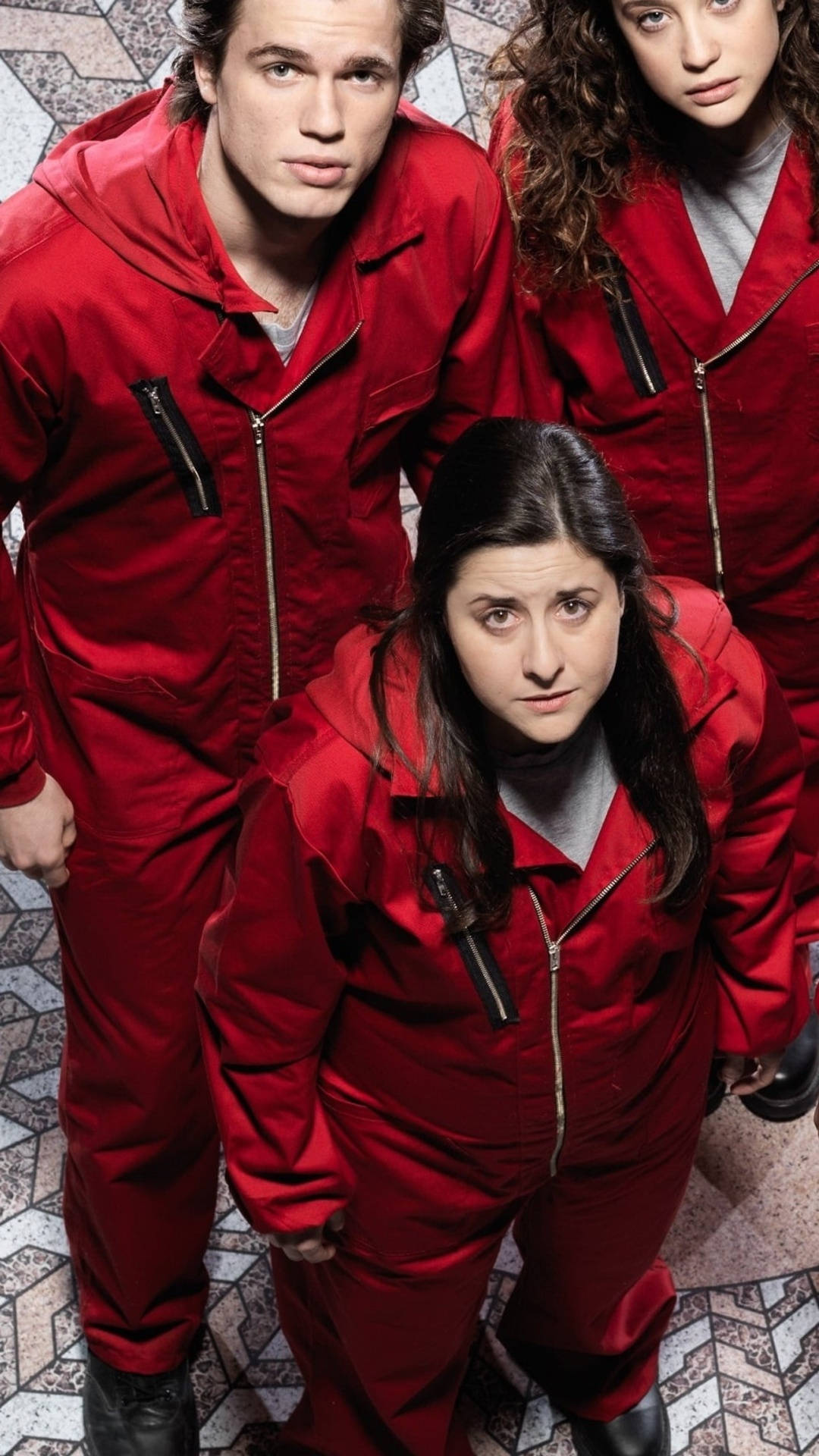 Money Heist, red jumpsuits, geometric tiled floor, Full HD Phone Wallpaper