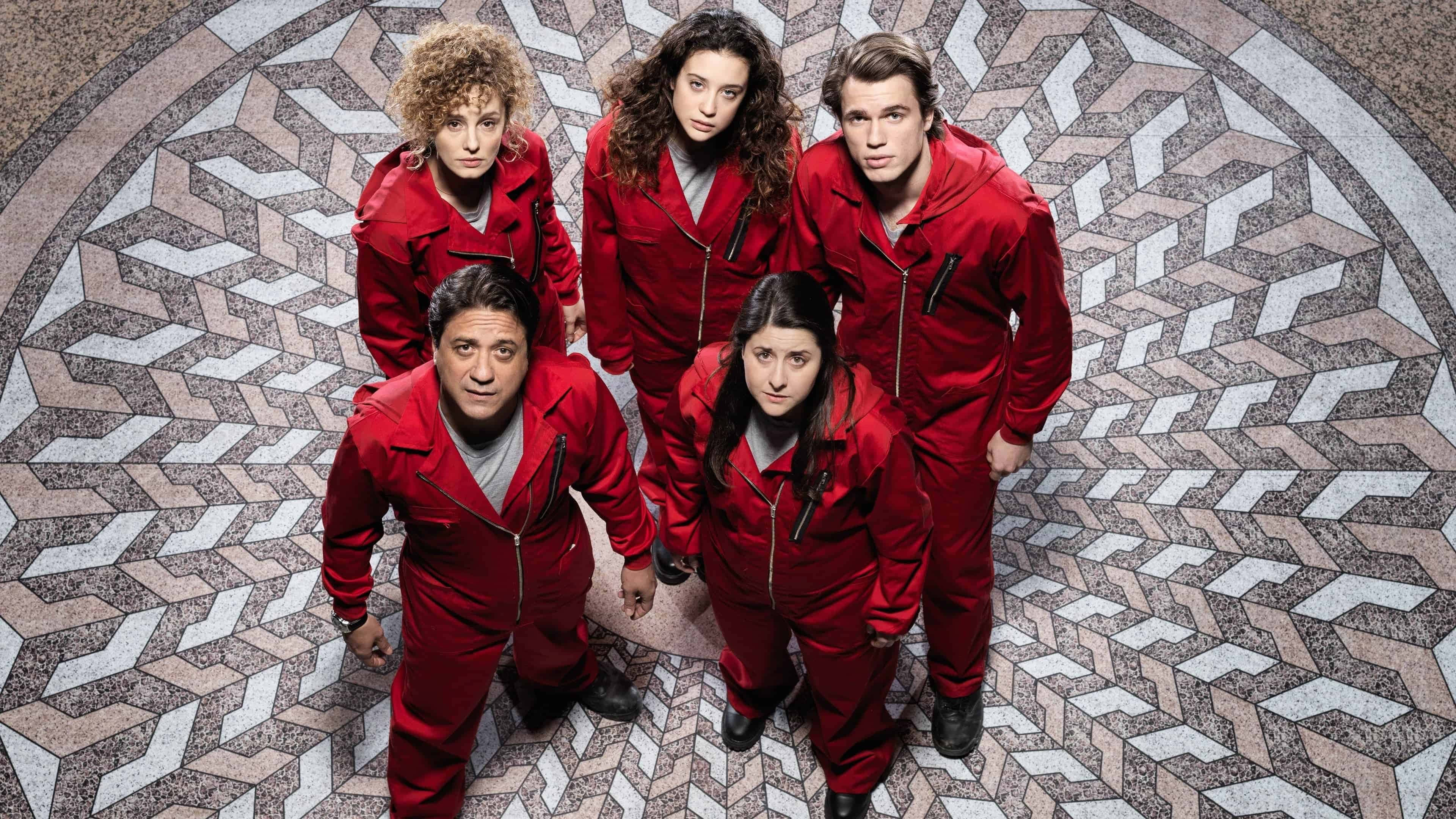 Money Heist, red jumpsuits, geometrically patterned floor, 4K Desktop Wallpaper