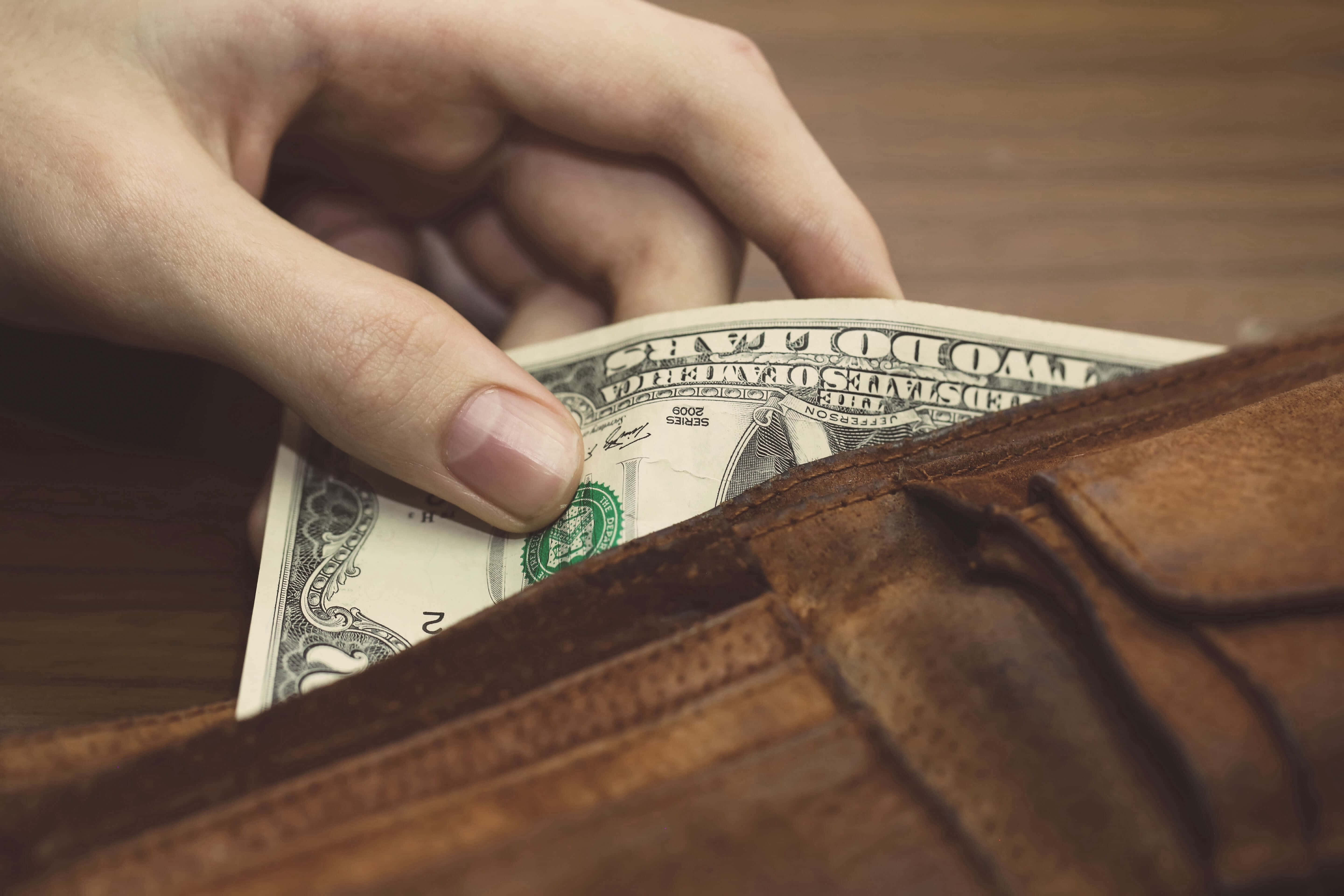 twenty dollar bill, worn brown leather wallet, wooden surface, 5K Desktop Wallpaper
