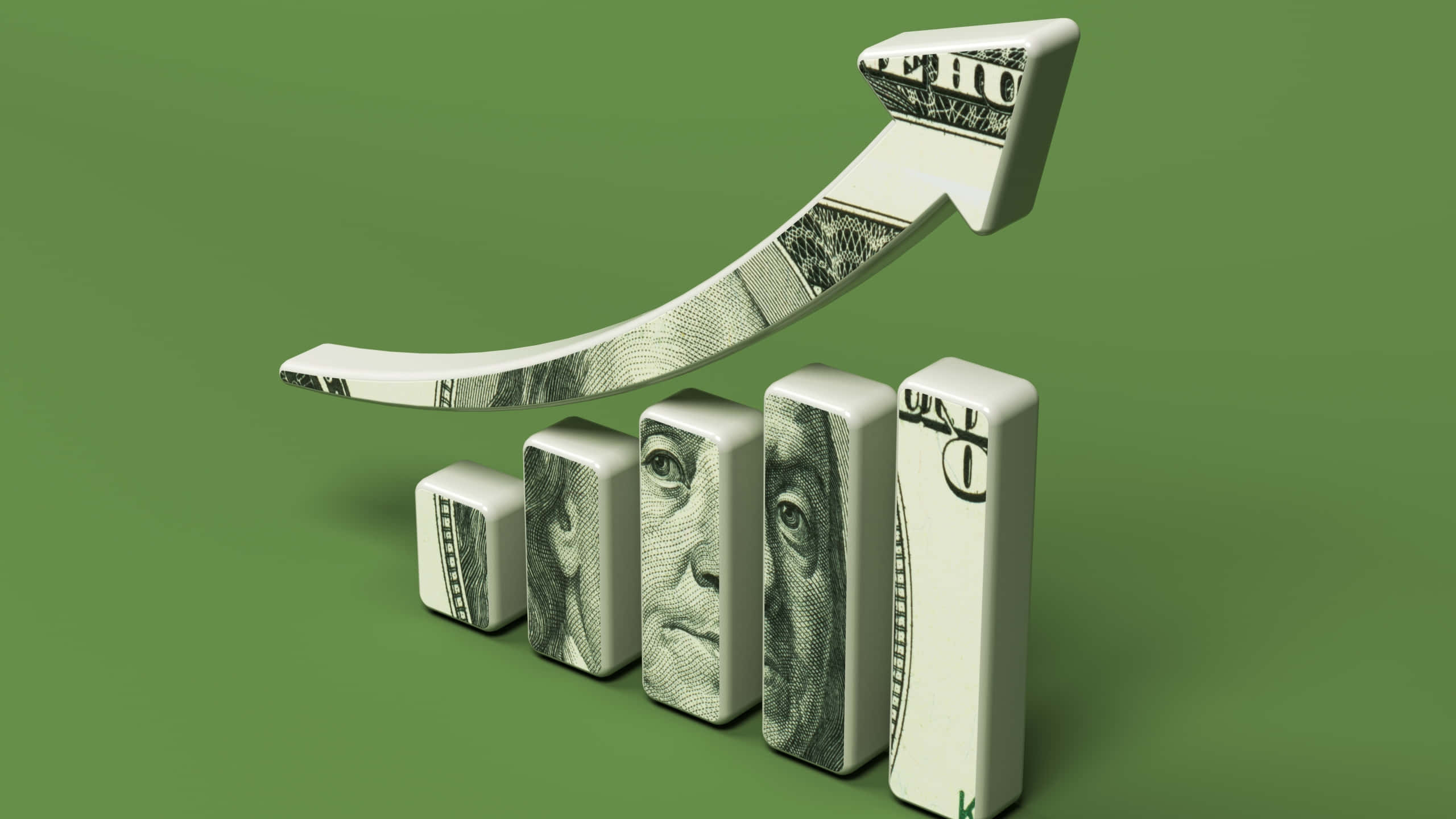 3D arrow, dollar bills, ascending bars, 2K Desktop Wallpaper