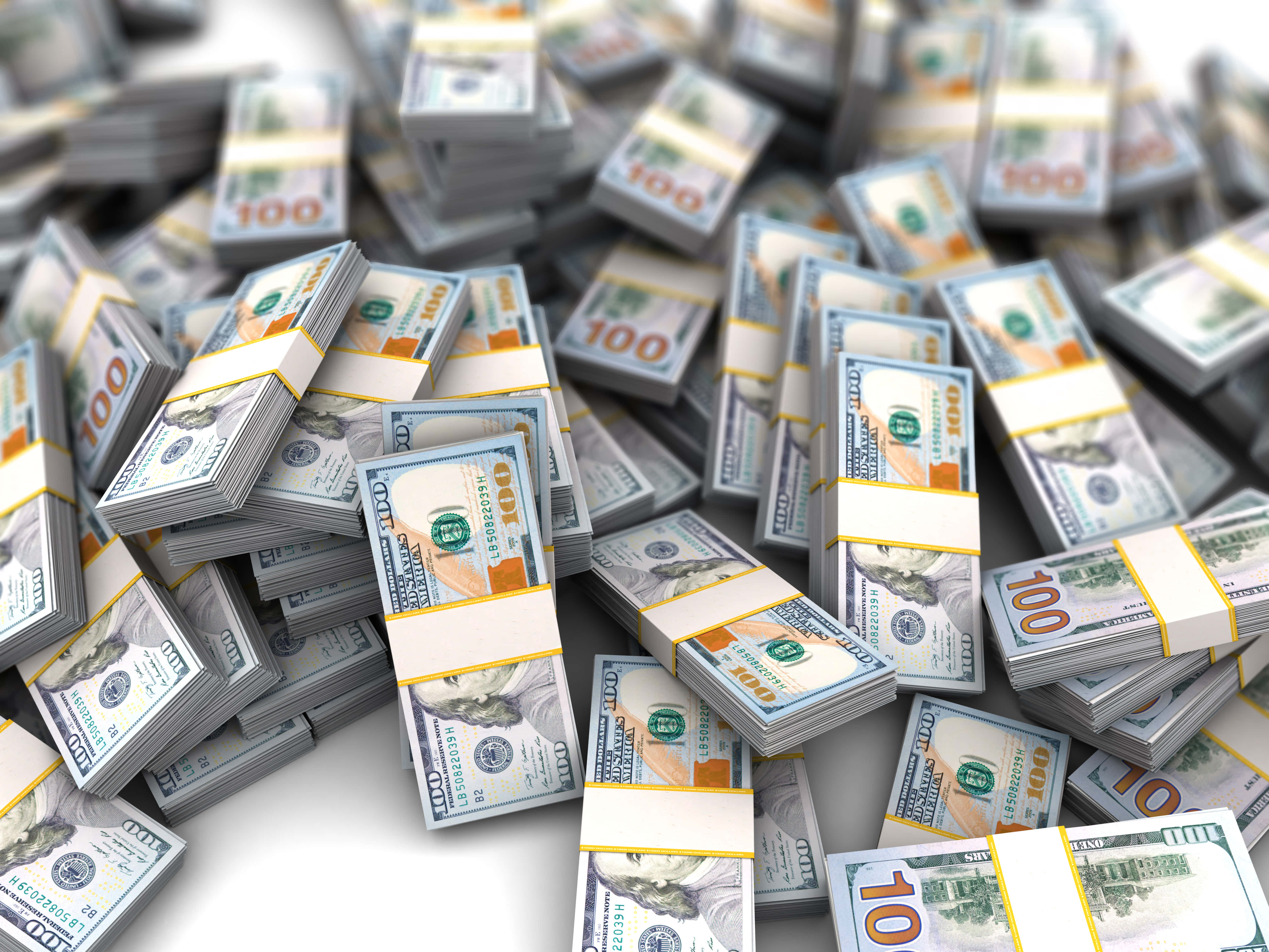 100 dollar bill bundles, hundred-dollar bills, bright white surface, 4K Desktop Wallpaper