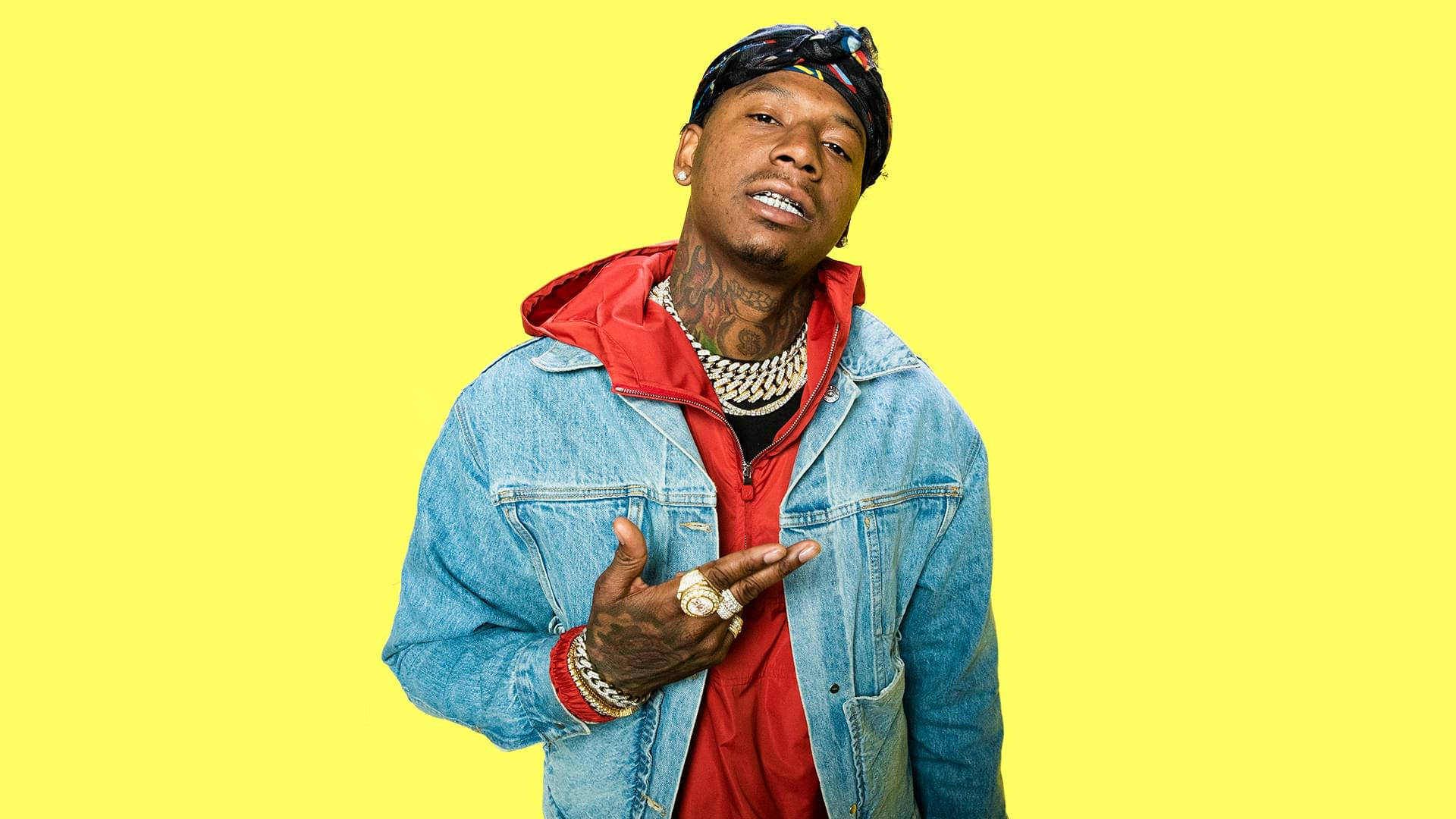 Moneybagg Yo, denim jacket, red hoodie, Full HD Desktop Wallpaper