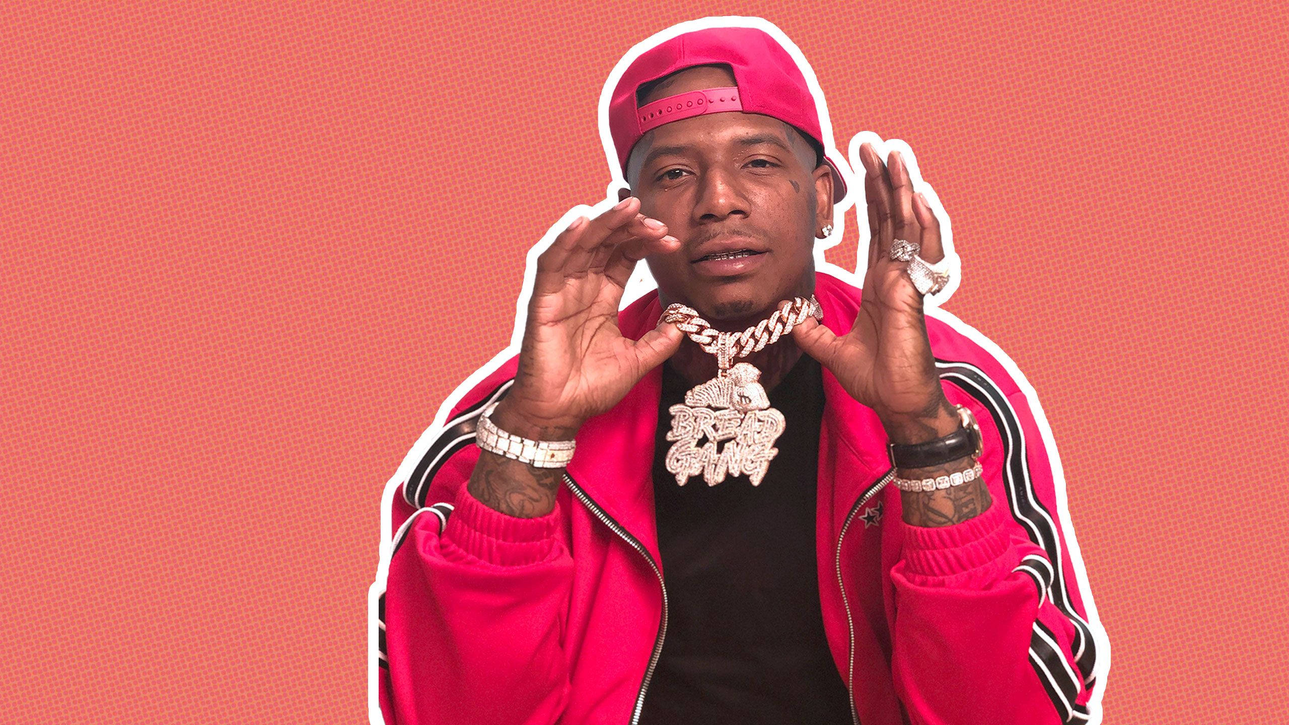 Moneybagg Yo, bright pink jacket, cap, 2K Desktop Wallpaper