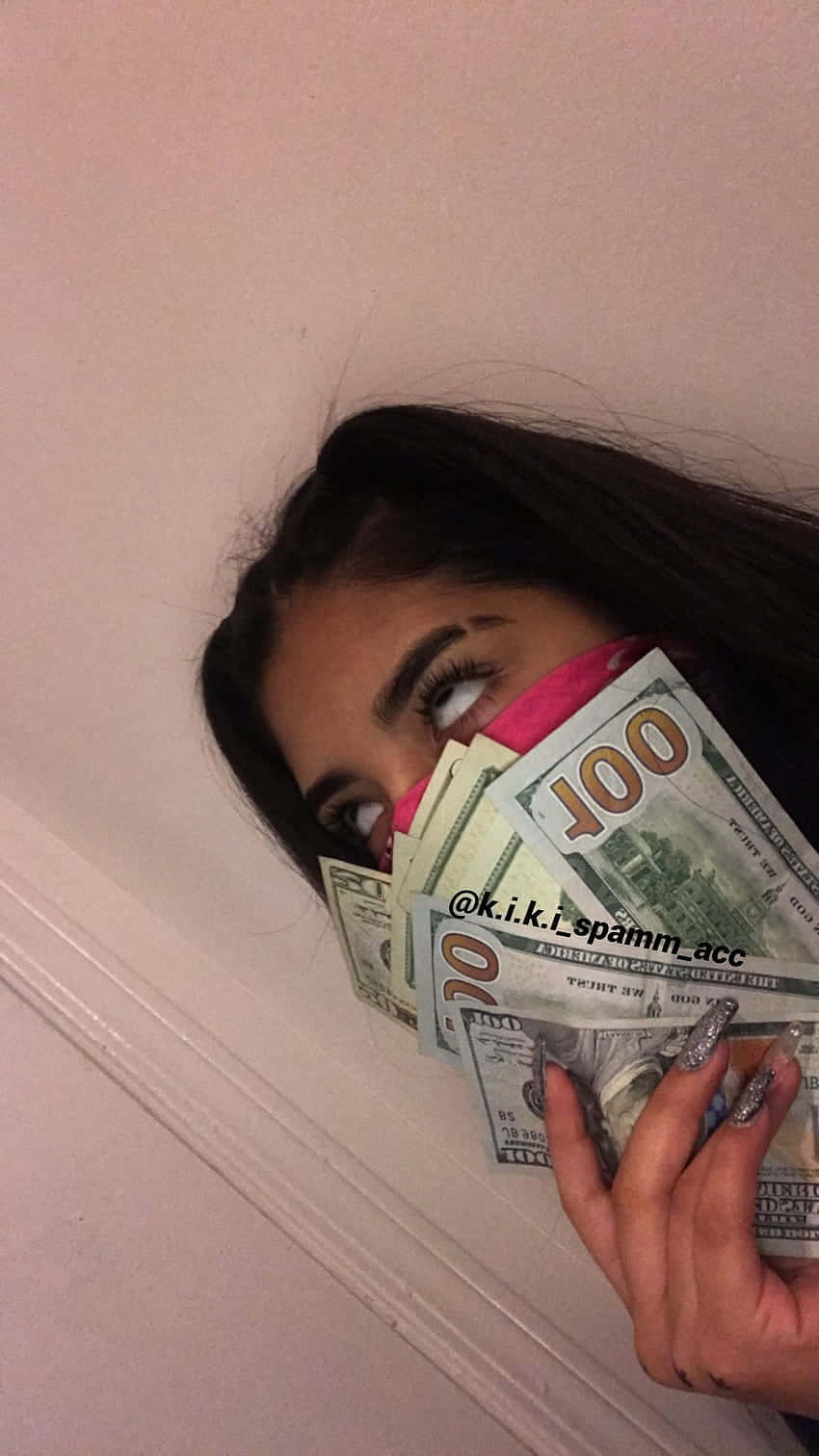 hundred-dollar bills, glittery nails, pale pink wall, HD Phone Wallpaper