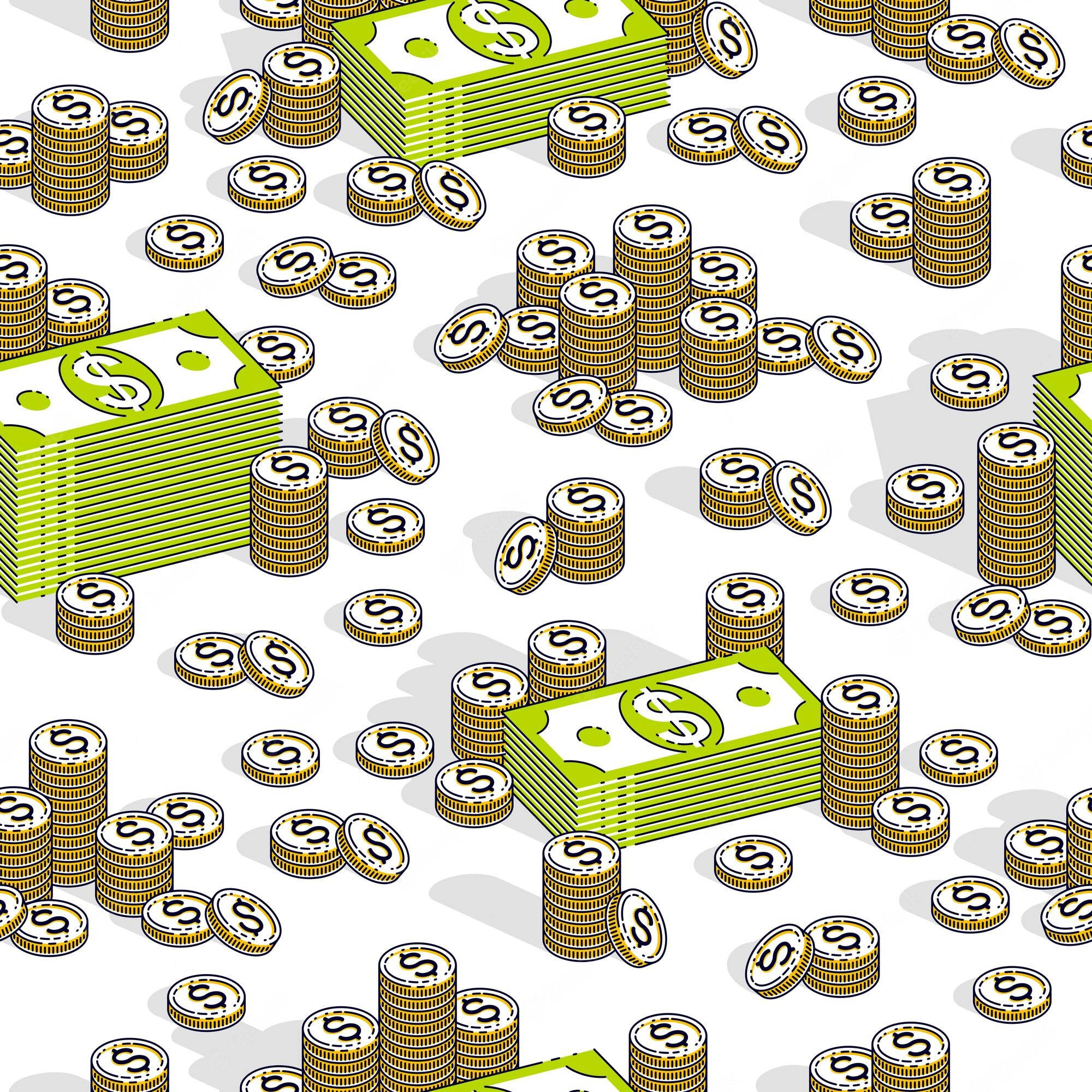 green dollar bills, gold coins, white background, Full HD Desktop Wallpaper