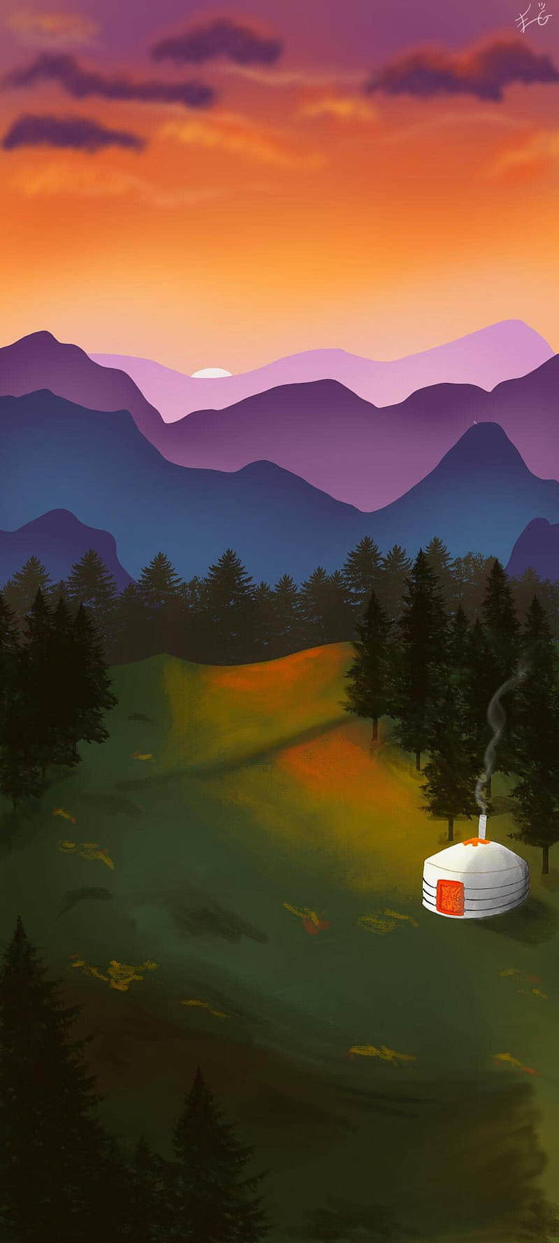 white yurt, smoke rising, forested valley, HD Phone Wallpaper