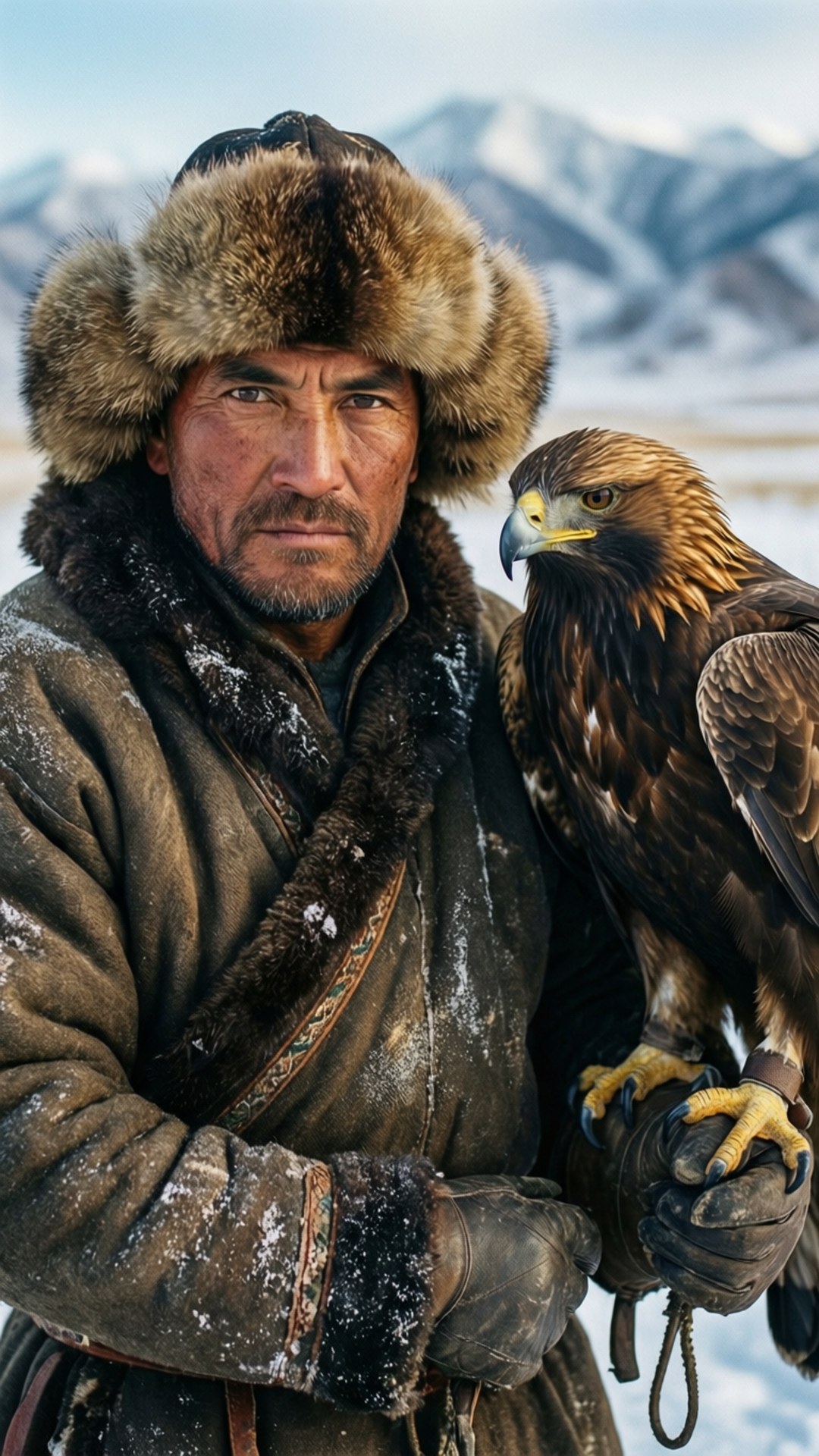 eagle hunter, fur hat, snow-dusted coat, Full HD Phone Wallpaper