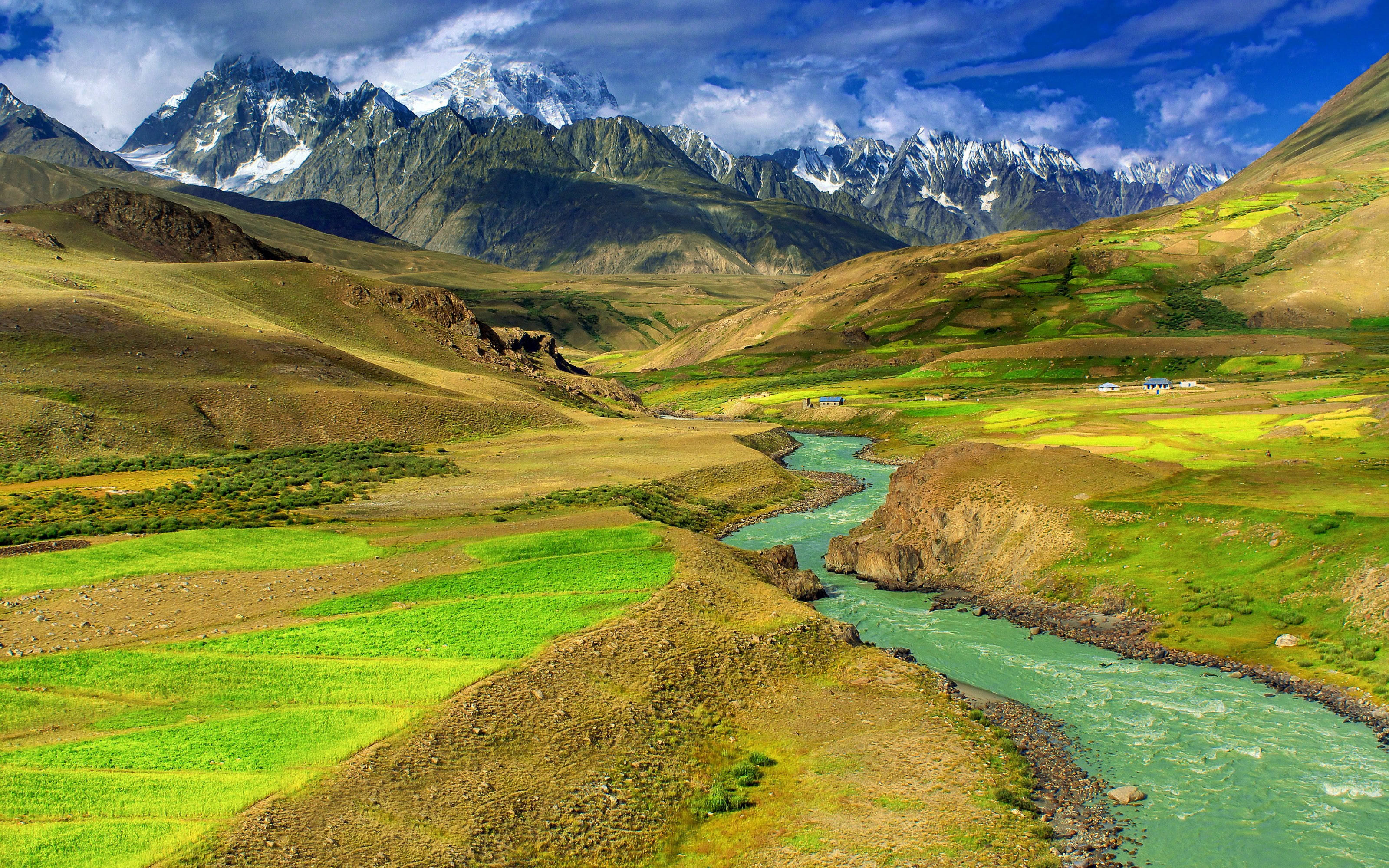 Mongolia, turquoise river, vibrant green terraced fields, 2K Desktop Wallpaper