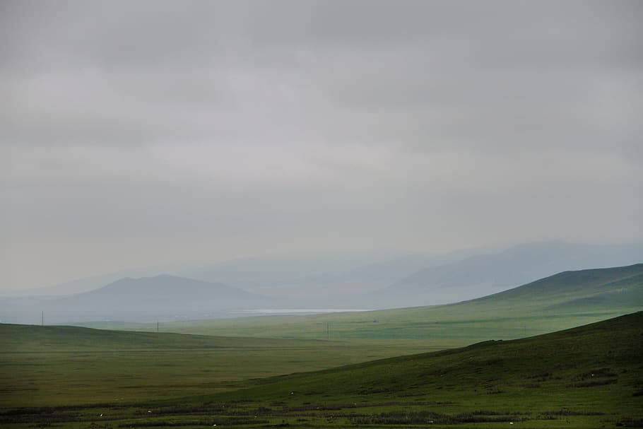 Mongolia, foggy mountains, green rolling hills, SD Desktop Wallpaper