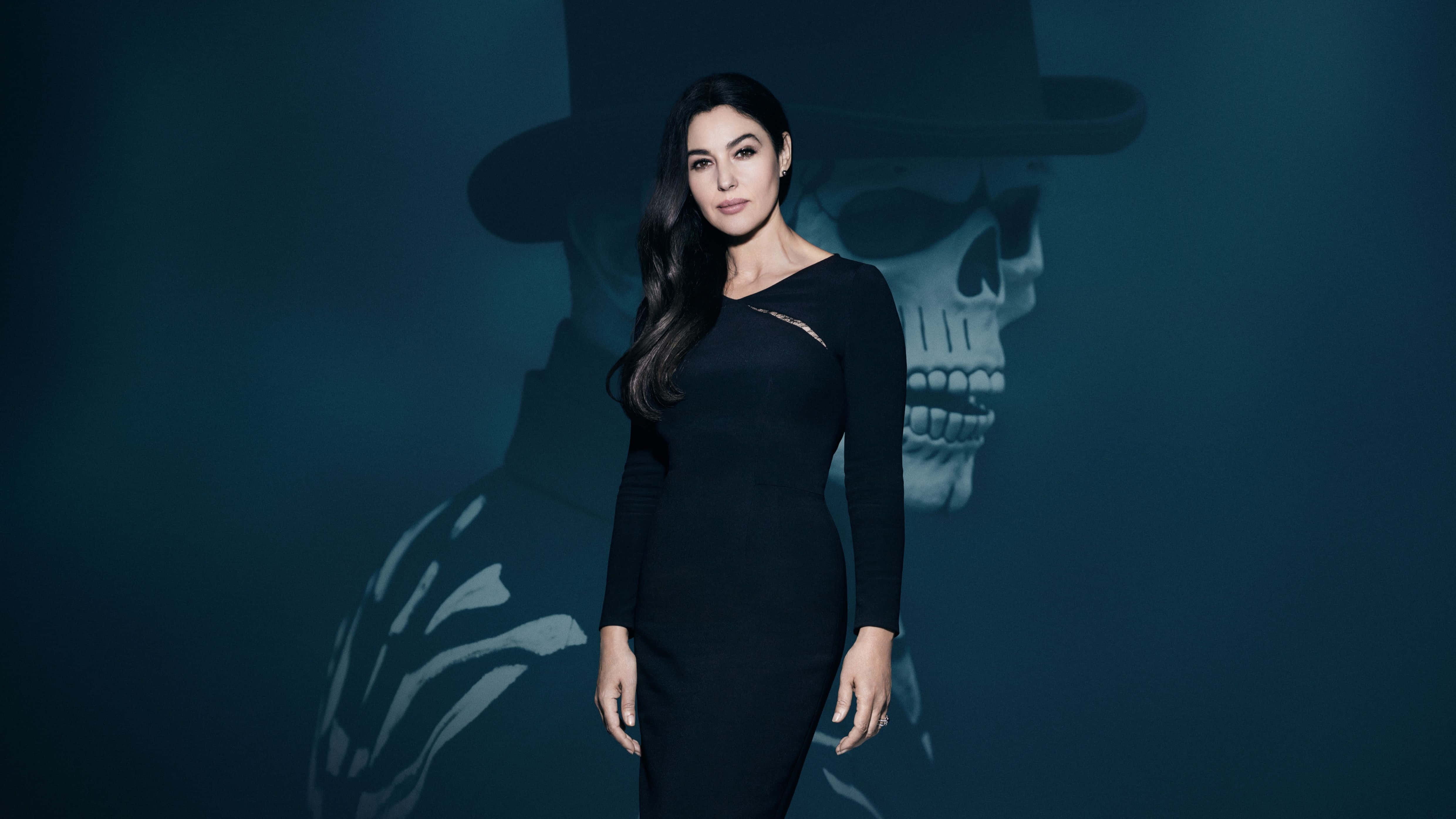 Monica Bellucci, black dress, ghostly skull, 4K Desktop Wallpaper