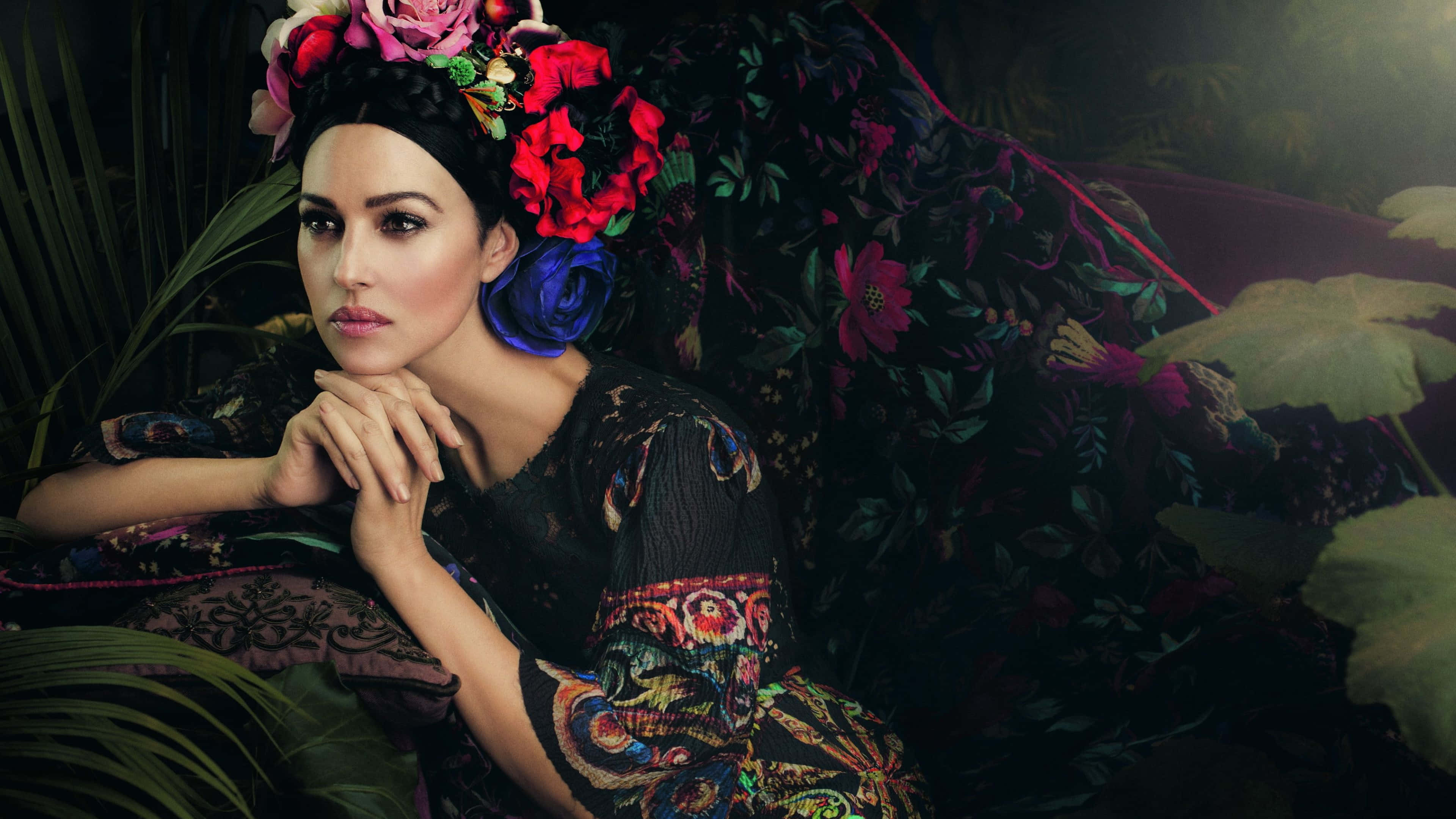 Monica Bellucci, floral headdress, dark lush jungle backdrop, 4K Desktop Wallpaper