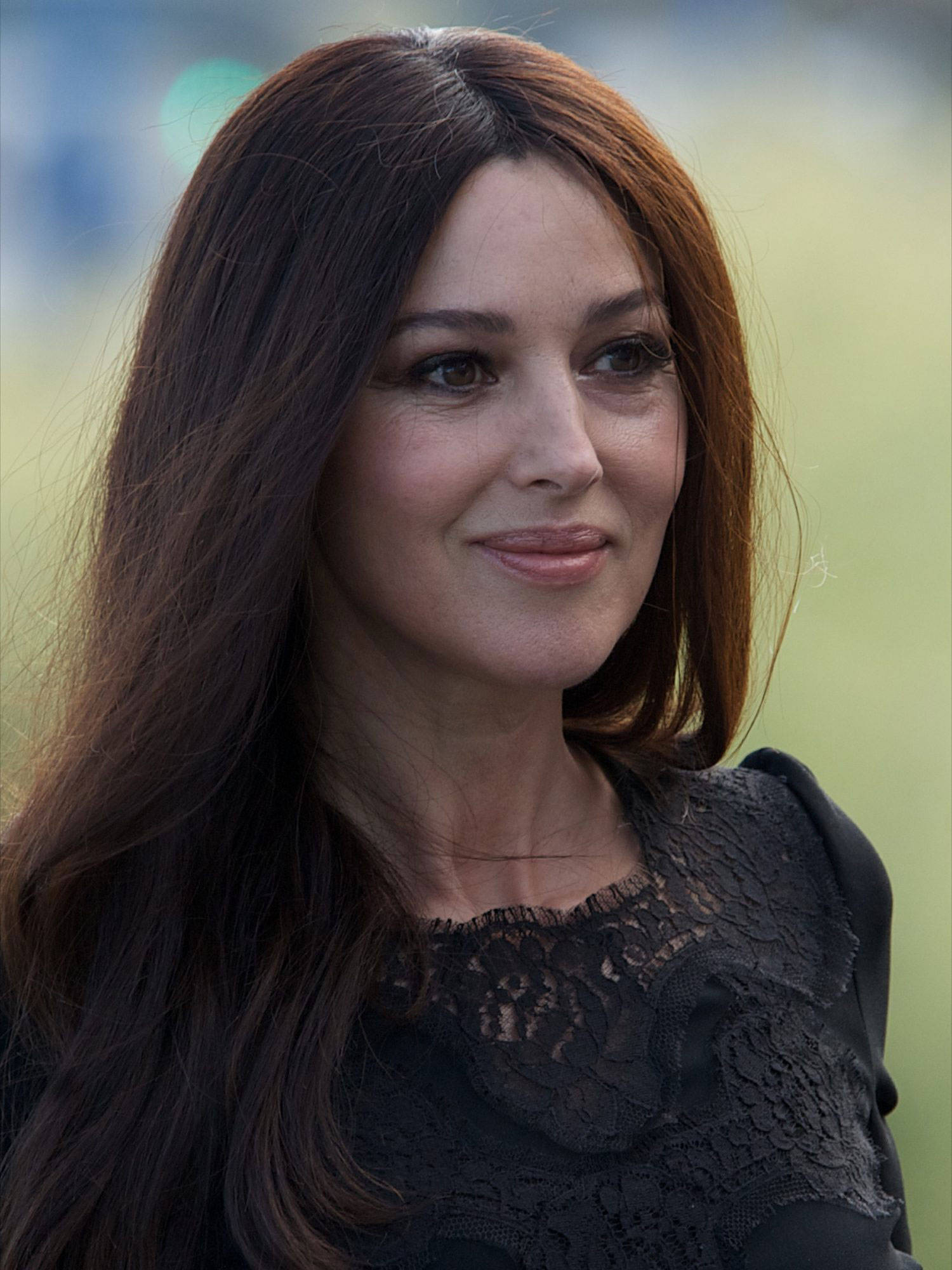 Monica Bellucci, black lace top, long dark hair, Full HD Phone Wallpaper