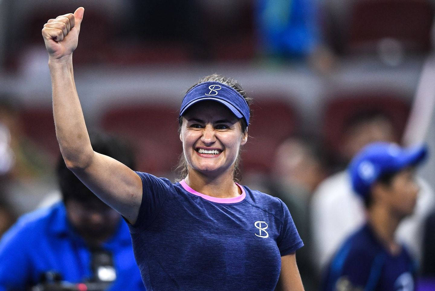 Monica Niculescu, blue visor, blue shirt, HD Desktop Wallpaper