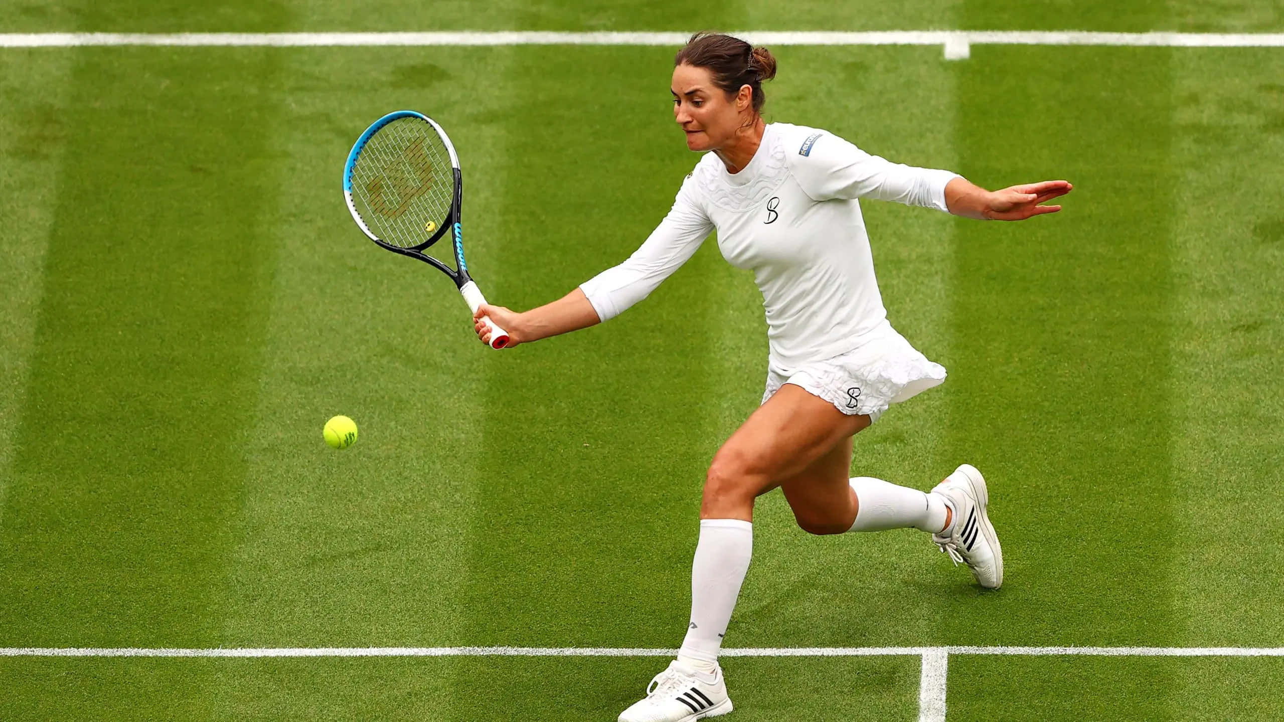 Monica Niculescu, white tennis outfit, green grass court, 2K Desktop Wallpaper