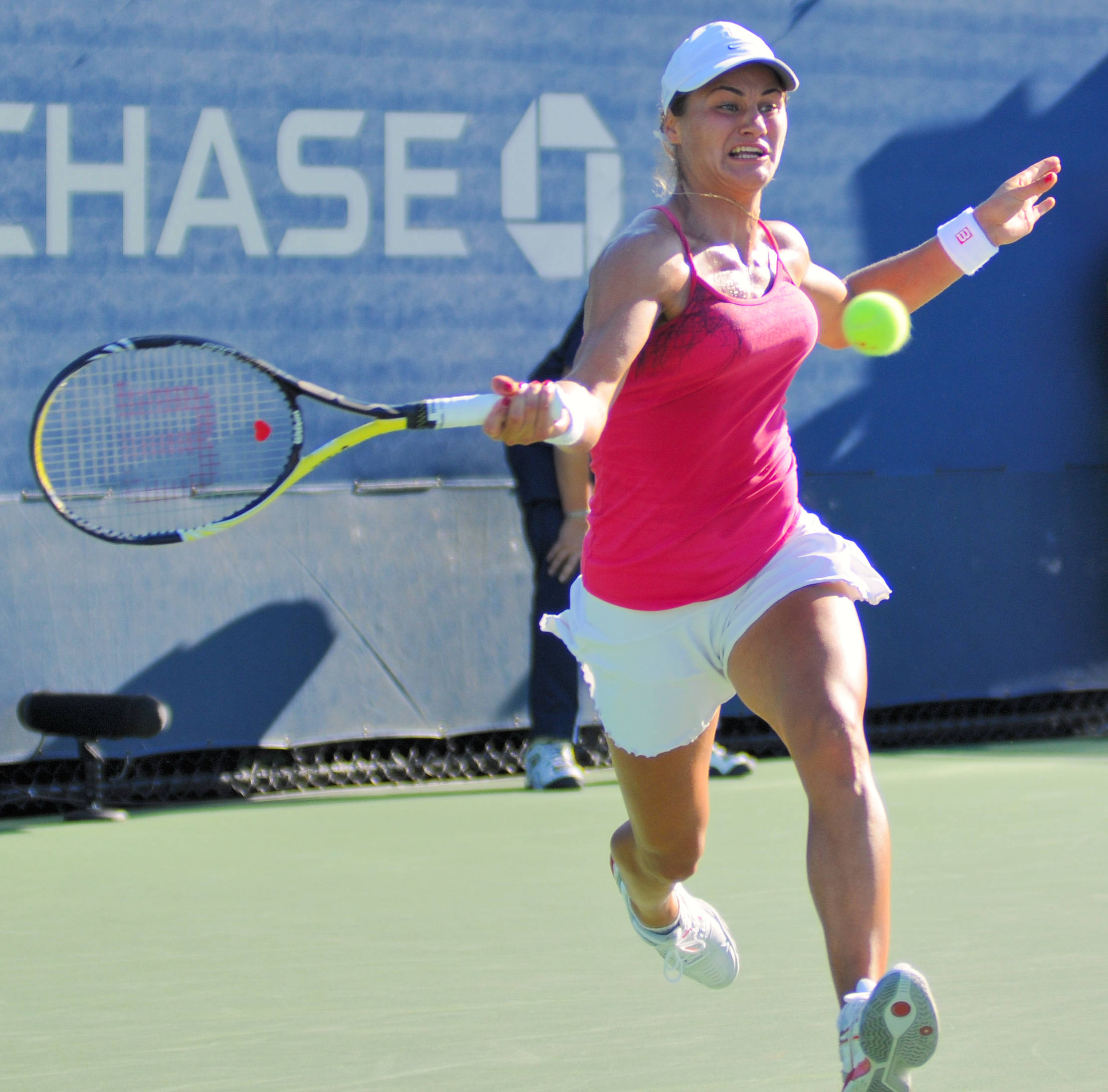 Monica Niculescu, pink top, white skirt, Full HD Desktop Wallpaper