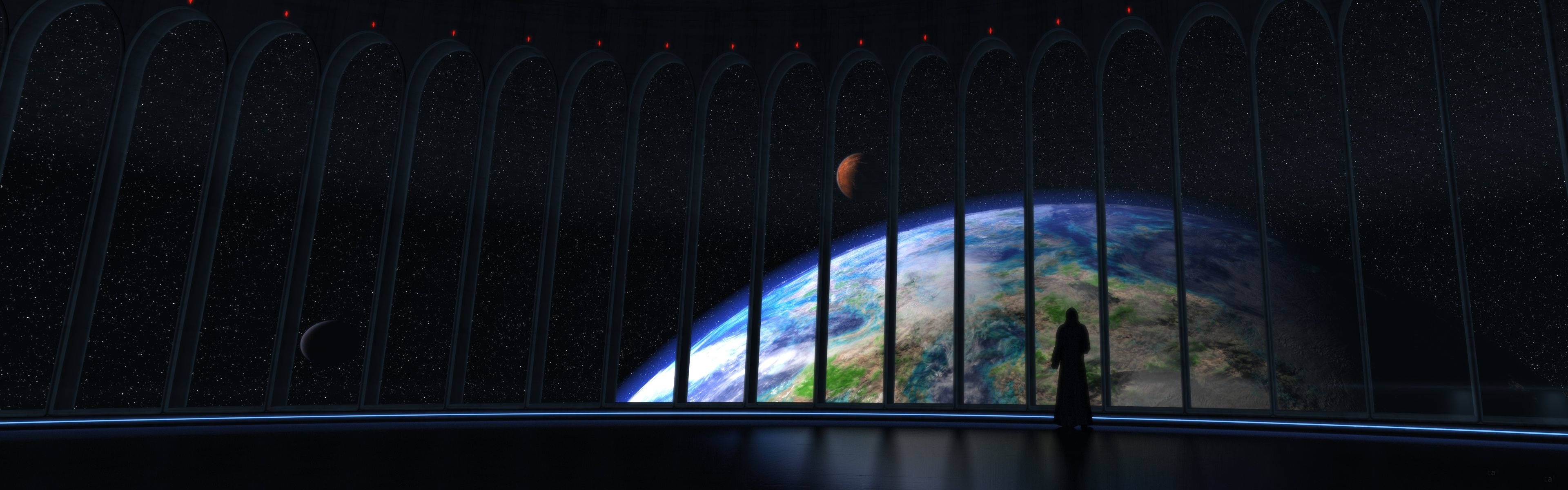 Man Overseeing Earth, futuristic observatory, Earth, 4K Desktop Wallpaper