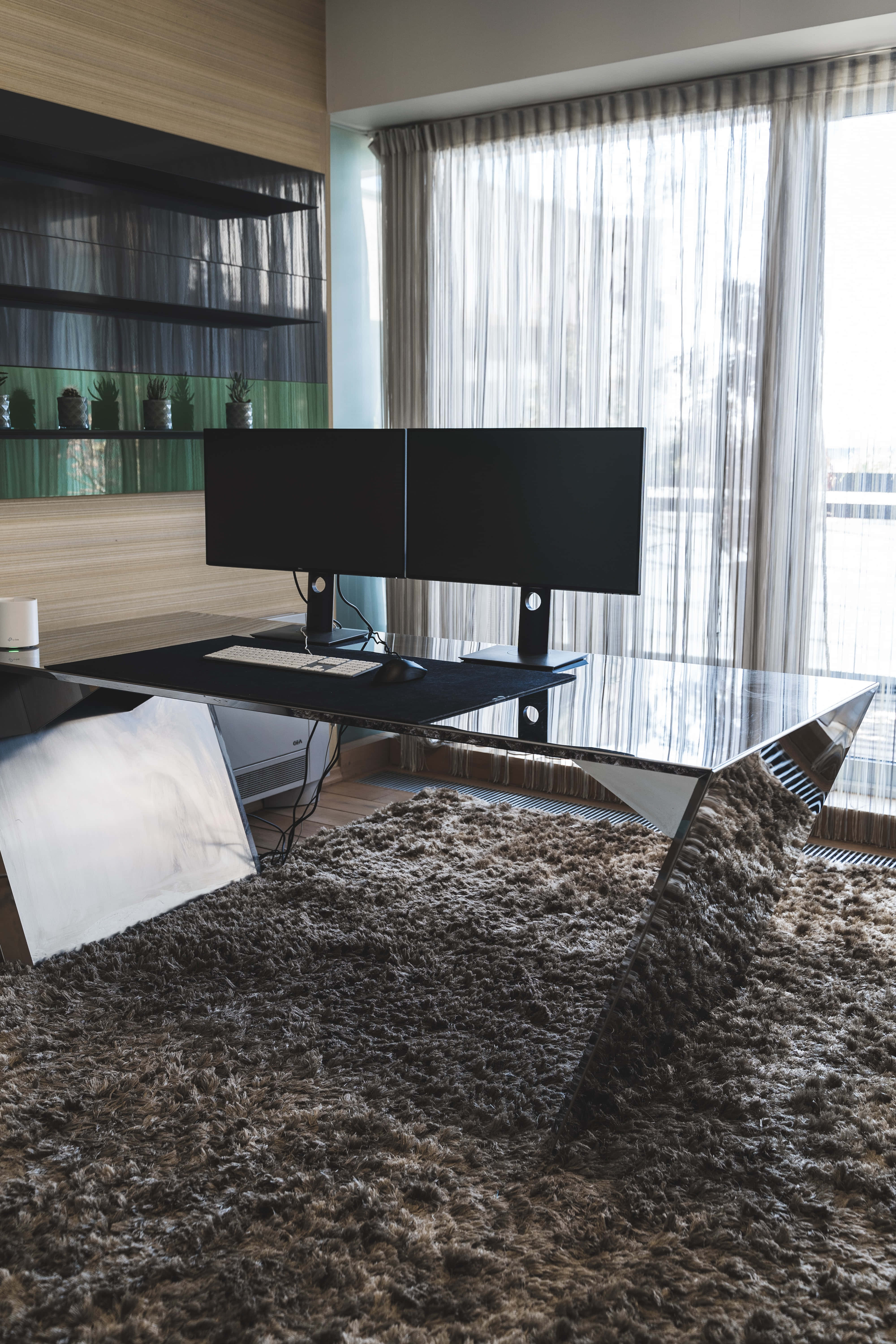 dual monitors, glass desk, plush brown rug, 5K Phone Wallpaper