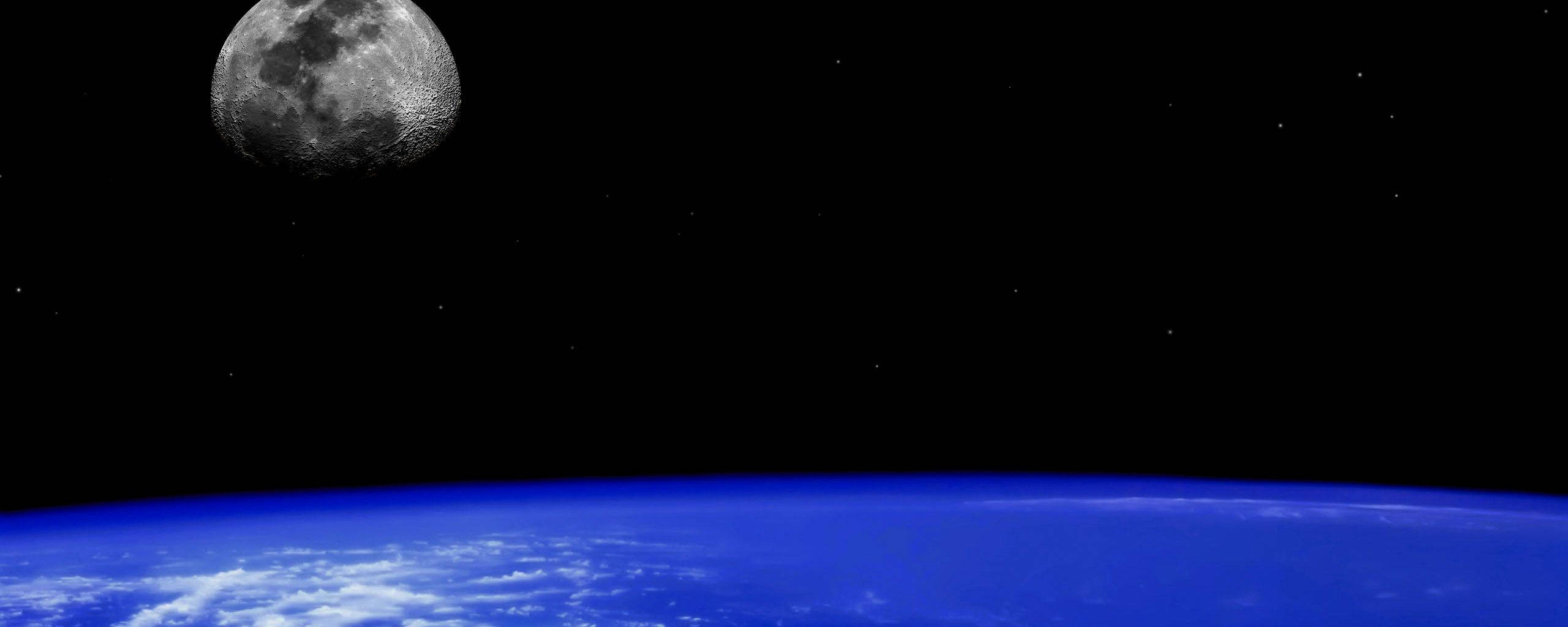 Earth, Moon, starry black sky, 2K Desktop Wallpaper