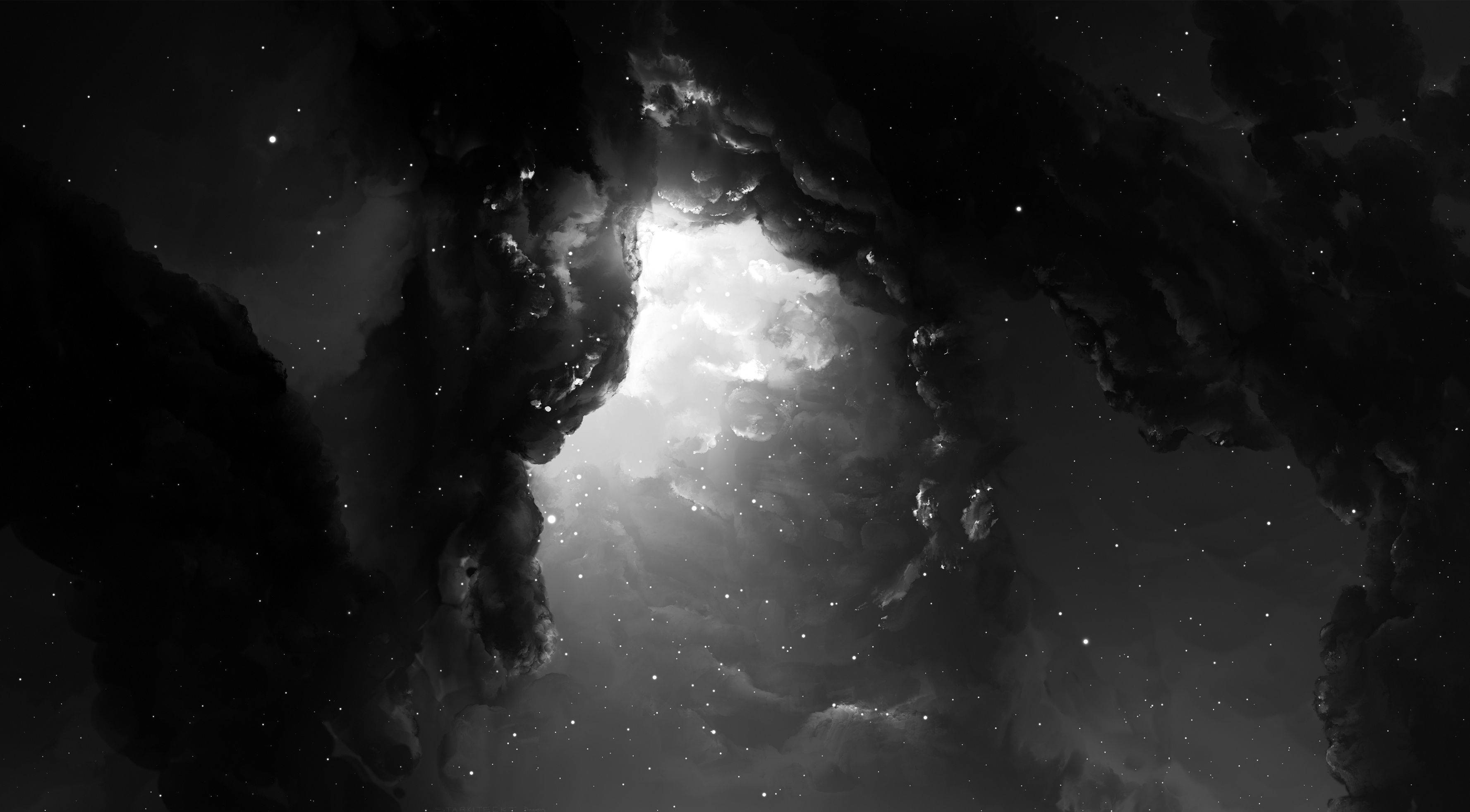 black white outer space, monochrome cosmic scene, dark nebulae, 2K Desktop Wallpaper