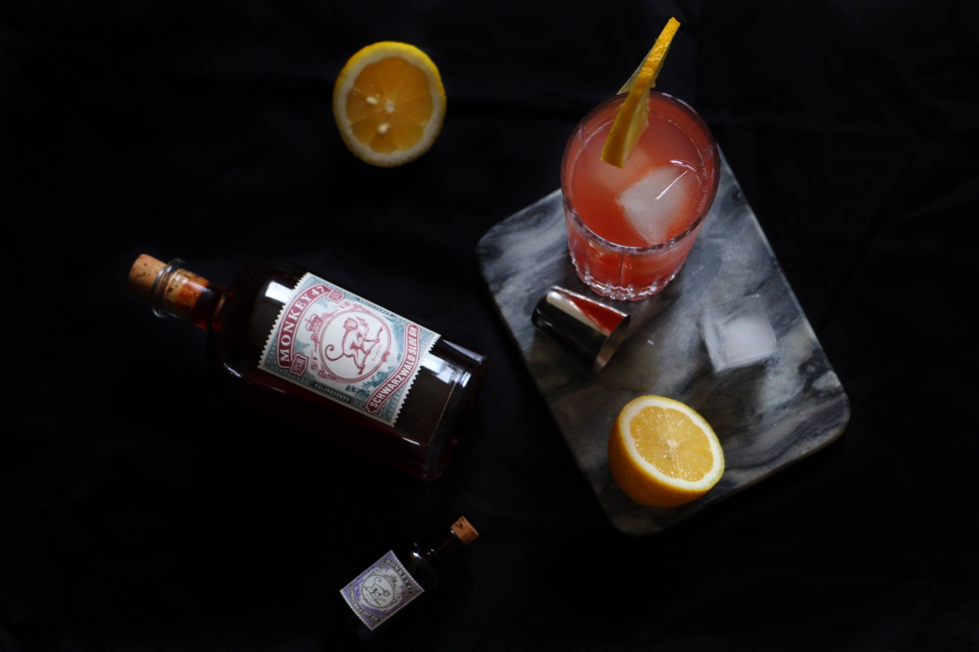Monkey 47, pink cocktail, marble tray, Full HD Desktop Wallpaper