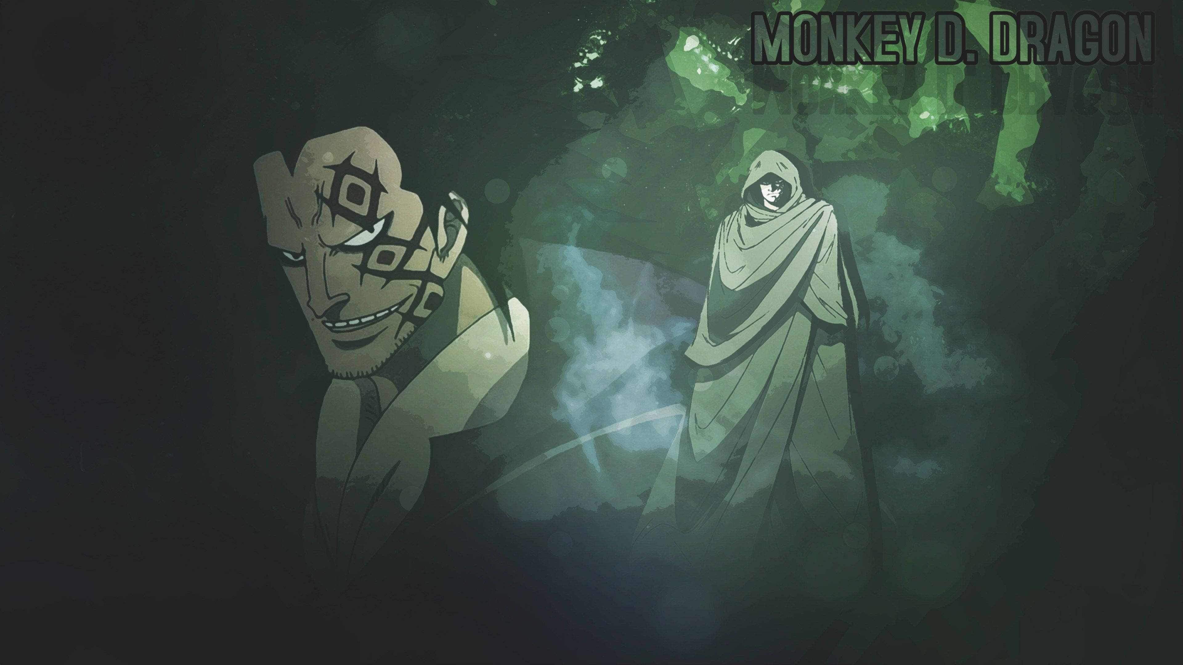 Monkey D Dragon, monochrome green, dark forest, 4K Desktop Wallpaper