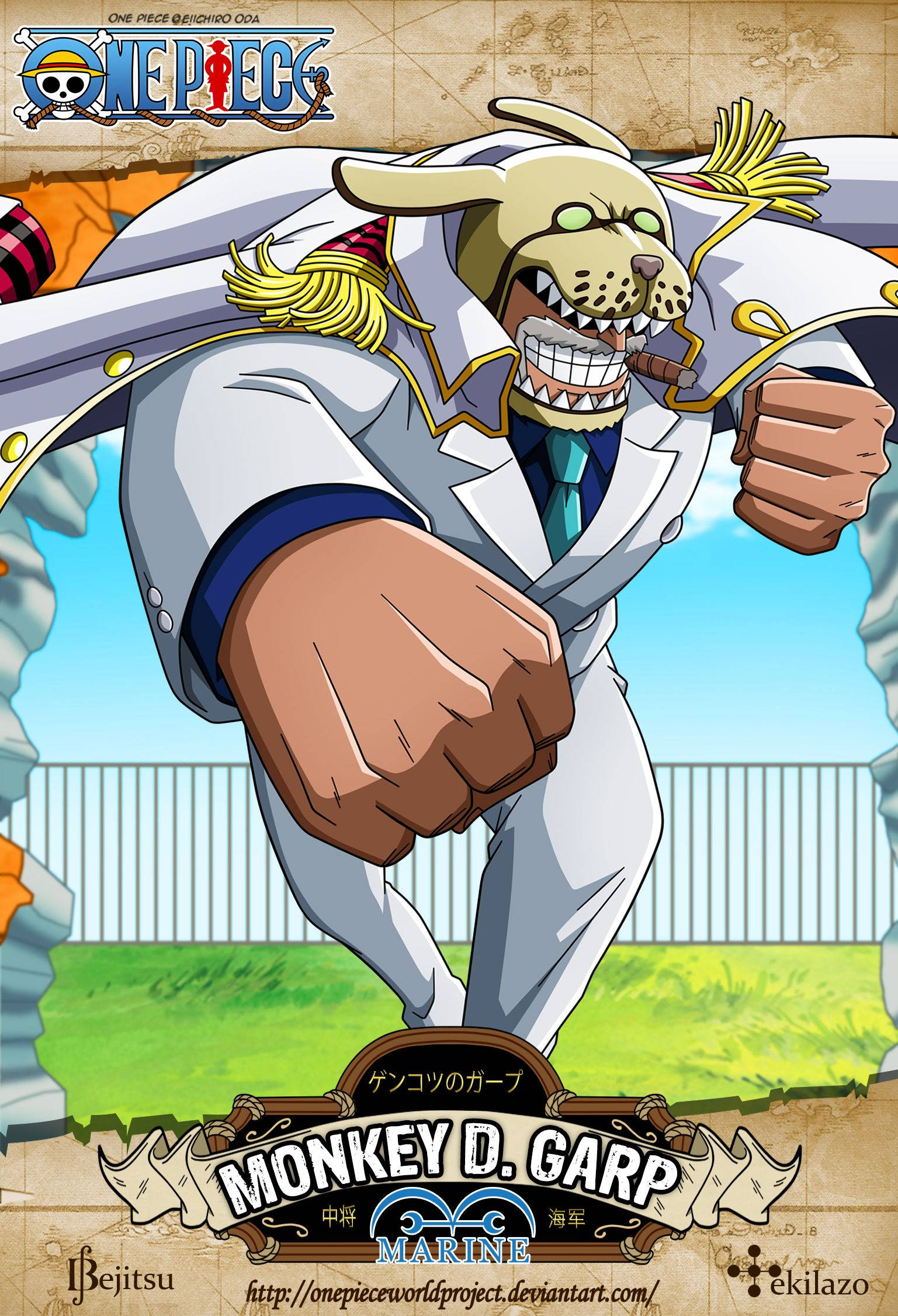 Monkey D Garp, white Marine uniform, cigar, Full HD Phone Wallpaper