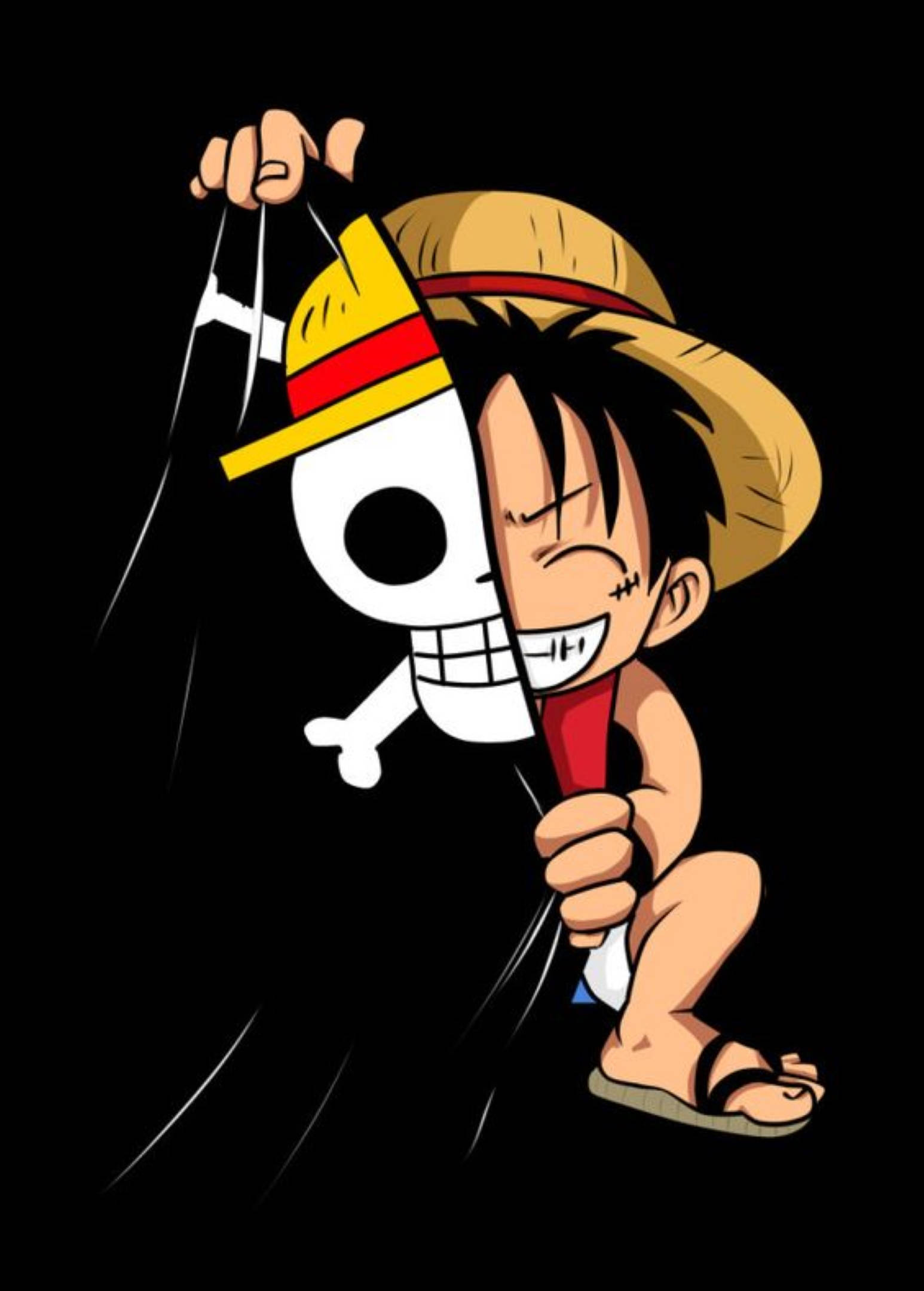 Monkey D Luffy, straw hat, skull and crossbones flag, Full HD Phone Wallpaper