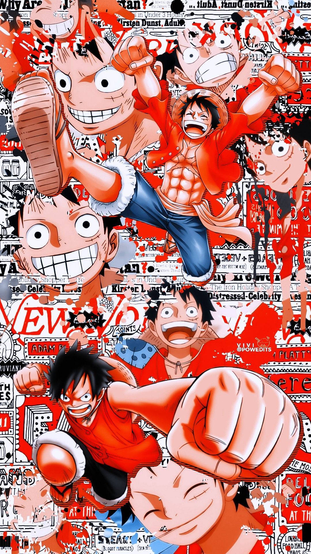 Monkey D Luffy, vibrant anime collage, dynamic poses, Full HD Phone Wallpaper