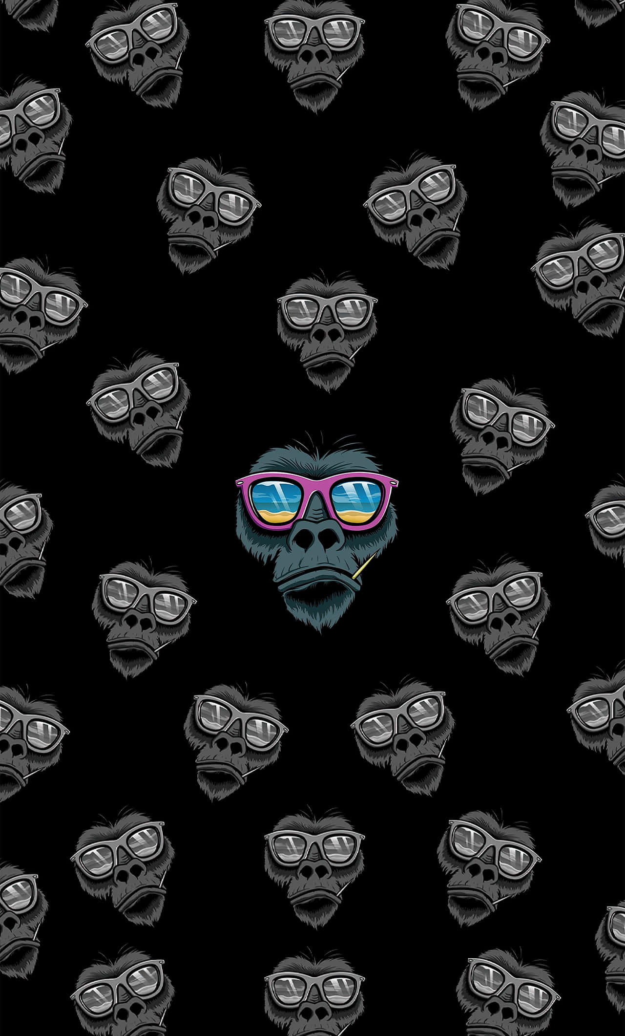 black background, black gorilla, pink sunglasses, Full HD Phone Wallpaper