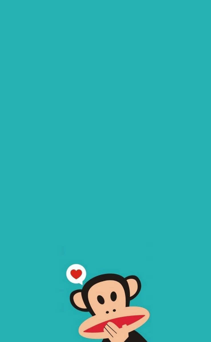 Monkey iPhone, red heart speech bubble, teal background, SD Phone Wallpaper