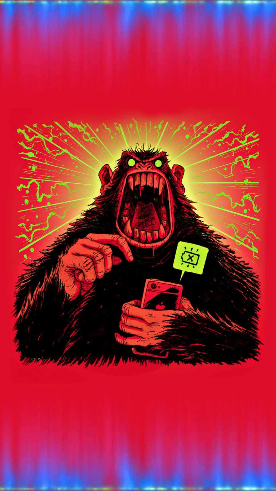 Monkey iPhone, glowing green notification, vibrant red and blue gradient background, HD Phone Wallpaper