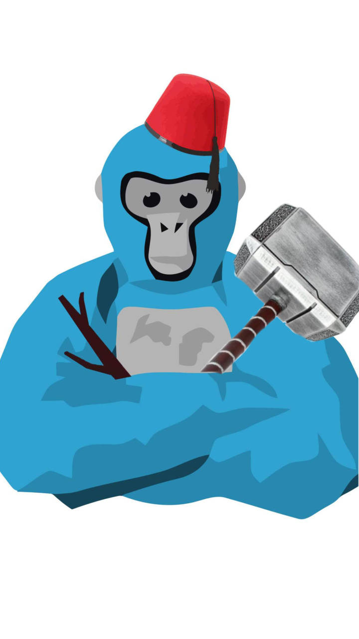 minimalist blue gorilla, red fez, silver hammer, HD Phone Wallpaper