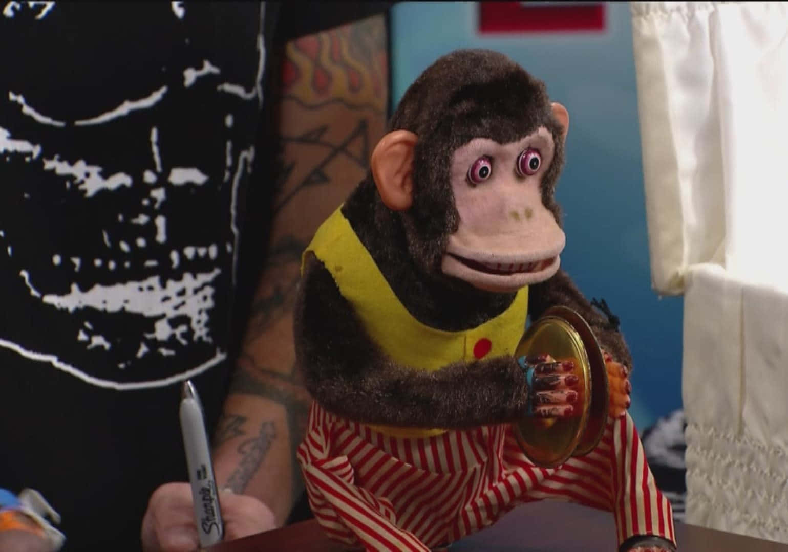 plush monkey puppet, yellow vest, red striped pants, HD Desktop Wallpaper