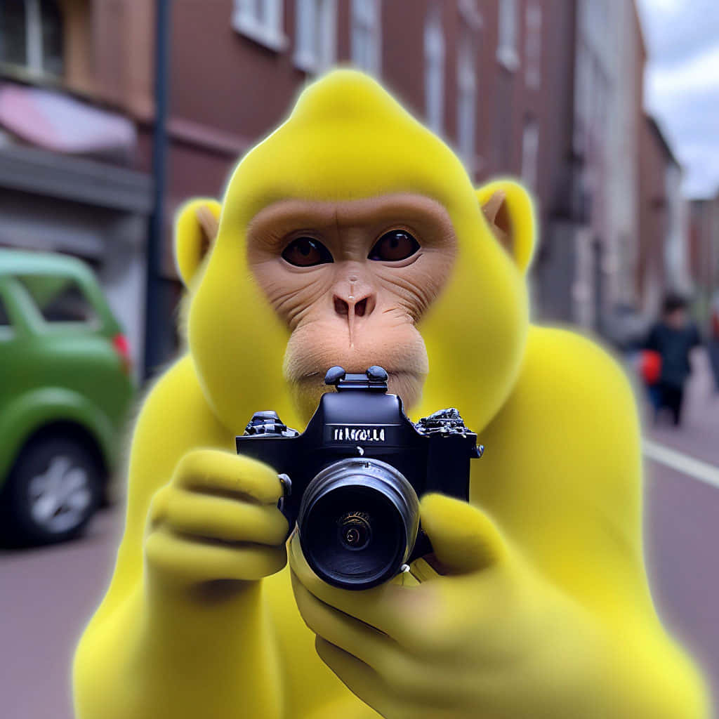 yellow monkey, black camera, city street, SD Desktop Wallpaper