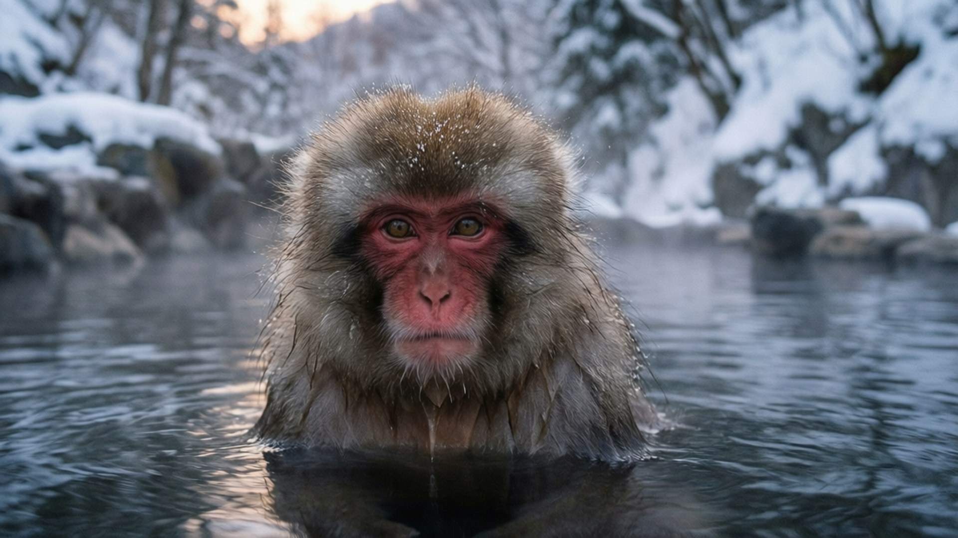 snow monkey, steaming hot spring, snowy rocks, Full HD Desktop Wallpaper