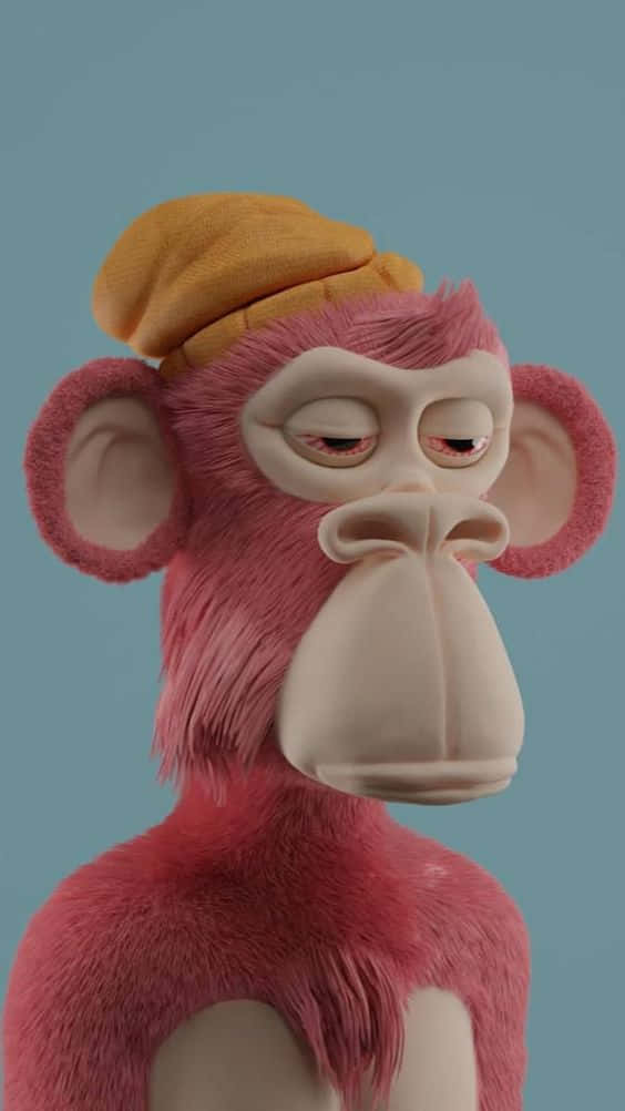 pink cartoon monkey, yellow beret, solid blue background, SD Phone Wallpaper