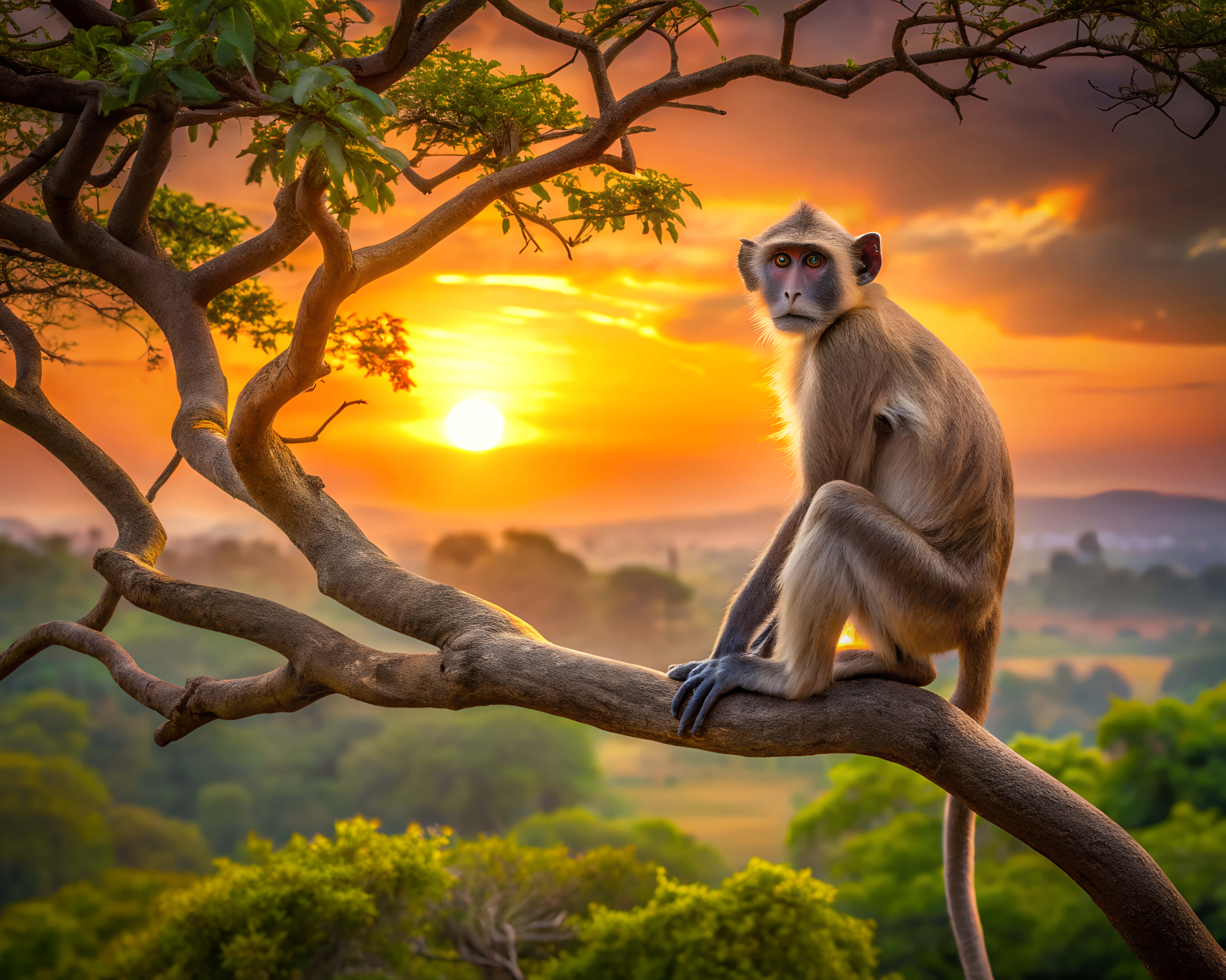 gray monkey, gnarled tree branch, vibrant orange sun, 4K Desktop Wallpaper